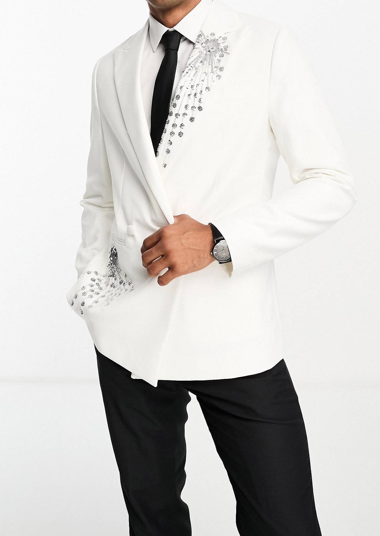 Slim Fit White Double Breasted Embroidered Blazer