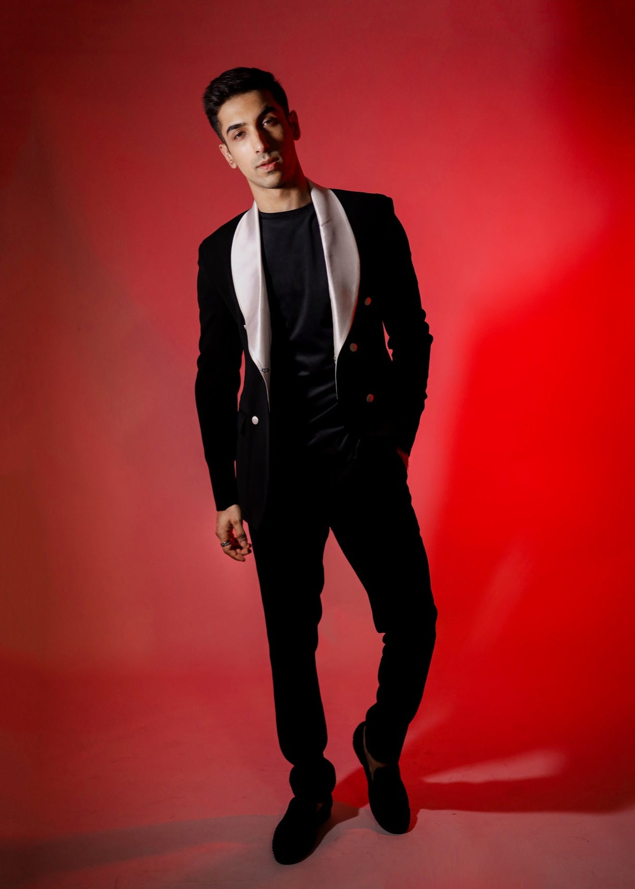 Black Double Breasted Blazer With White Shawl Lapel