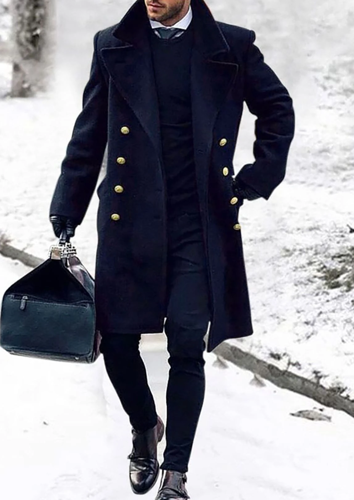 Navy Double Breasted Overcoat with Gold Buttons