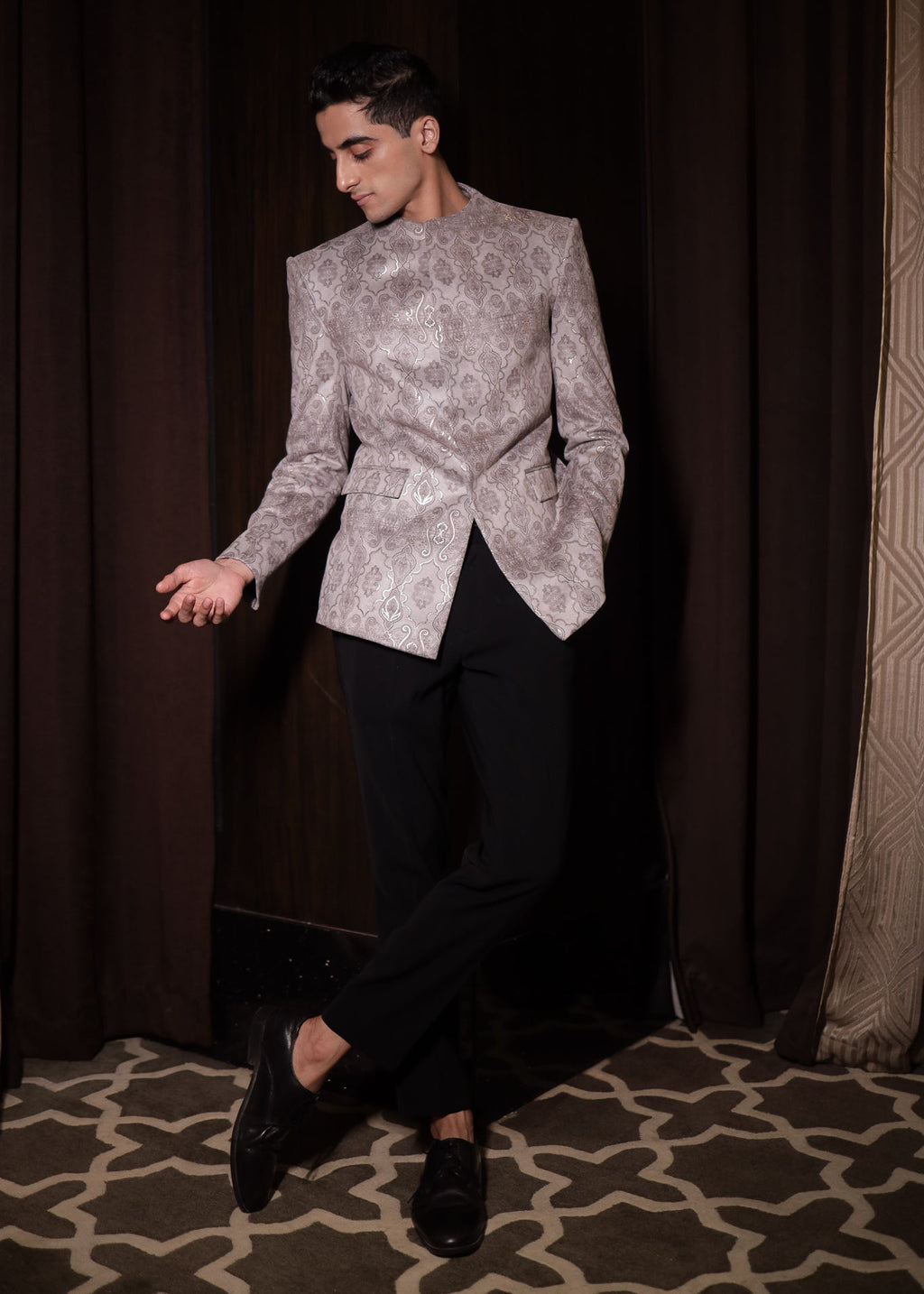 Grey Floral Bandhgala Suit
