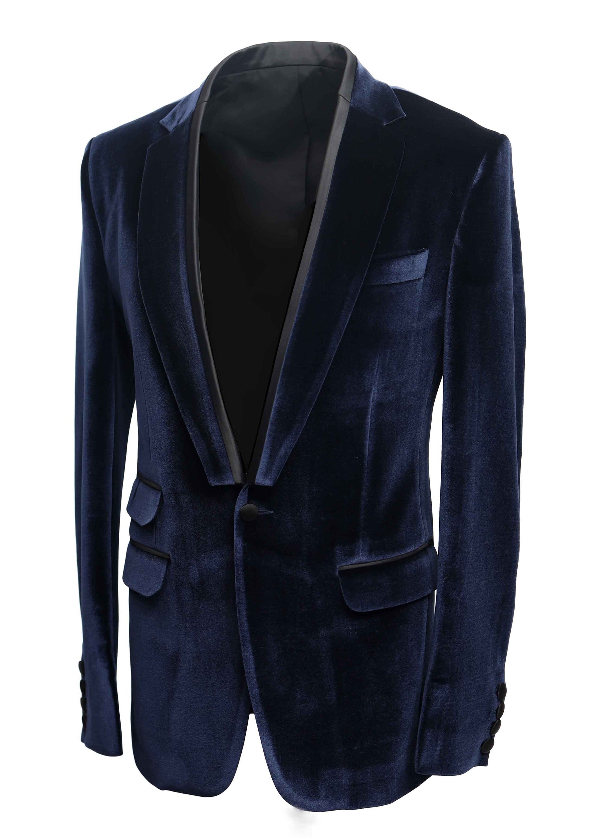 Navy Velvet Tuxedo Blazer with Contrast Lapel