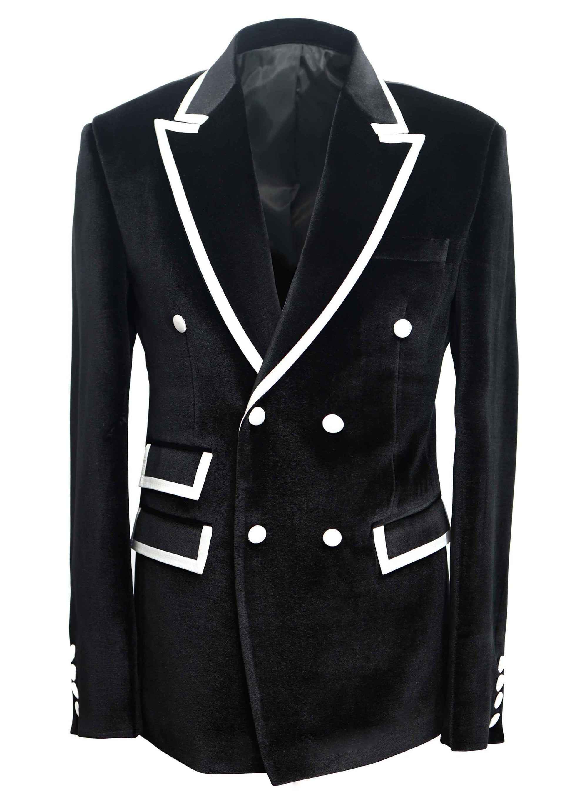 Black Velvet Double Breasted Tuxedo Dinner Jacket with White Contrast
