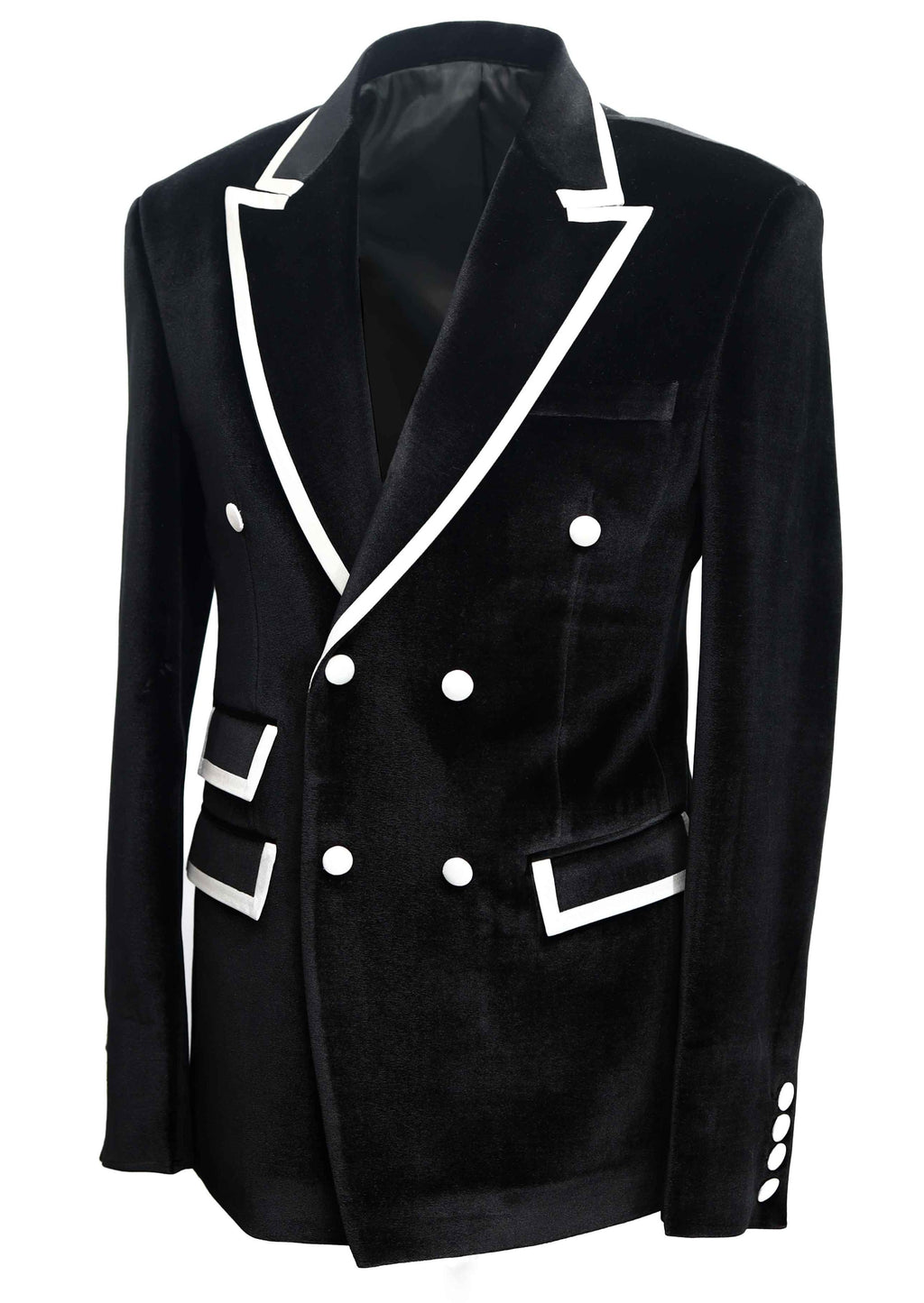 Black Velvet Double Breasted Tuxedo Dinner Jacket with White Contrast