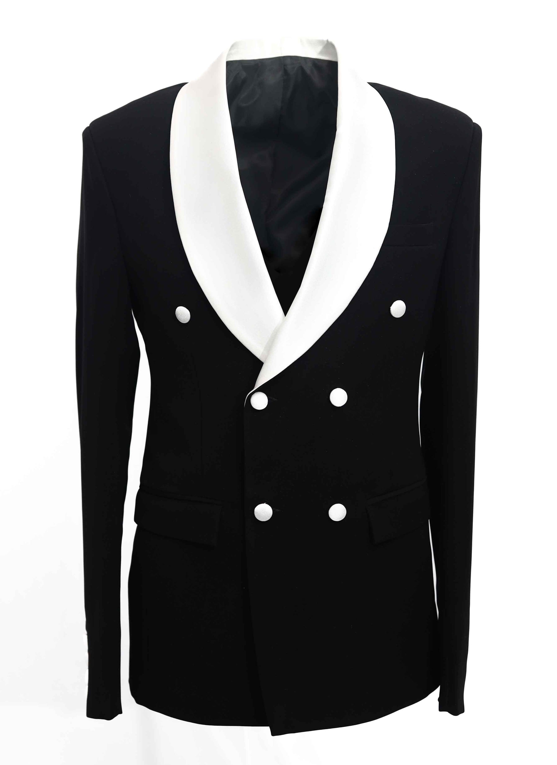 Black Double Breasted Blazer With White Shawl Lapel