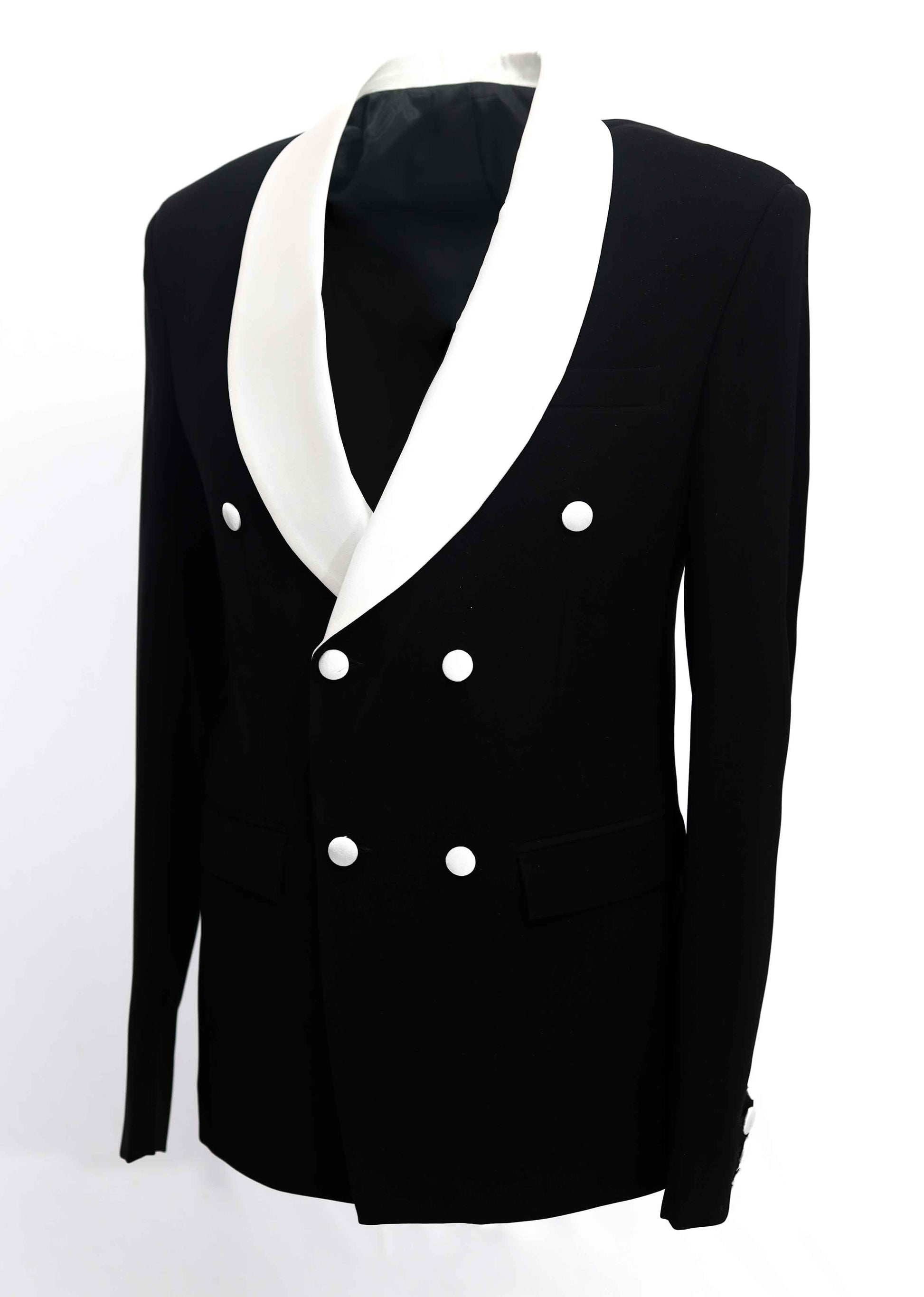 Black Double Breasted Blazer With White Shawl Lapel