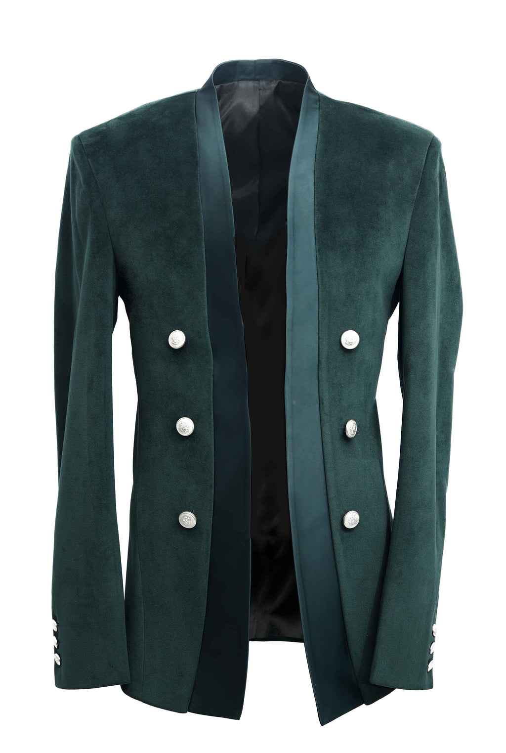 Velvet Green Double Breasted Unbuttoned Tuxedo Blazer