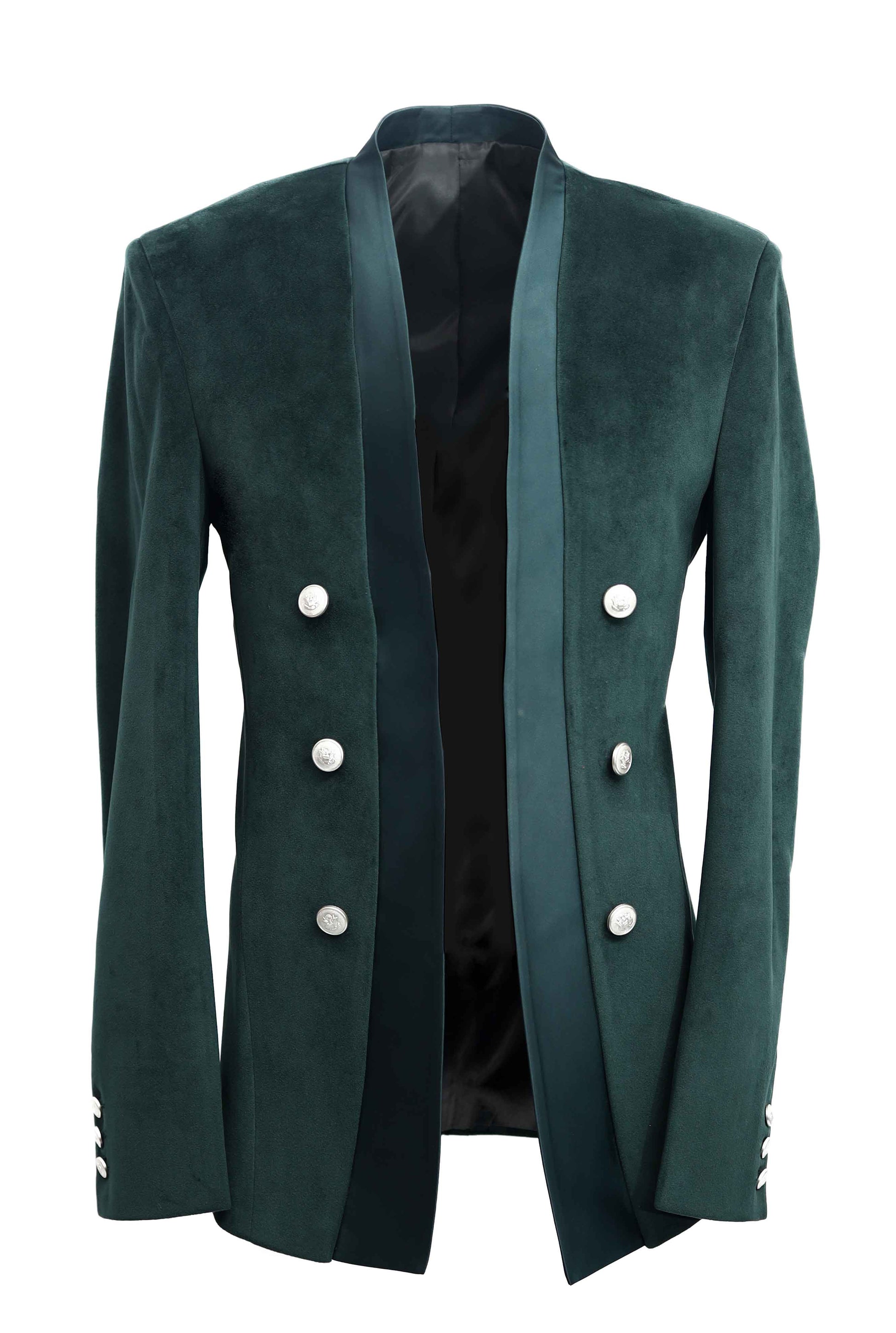 Velvet Green Double Breasted Unbuttoned Tuxedo Blazer