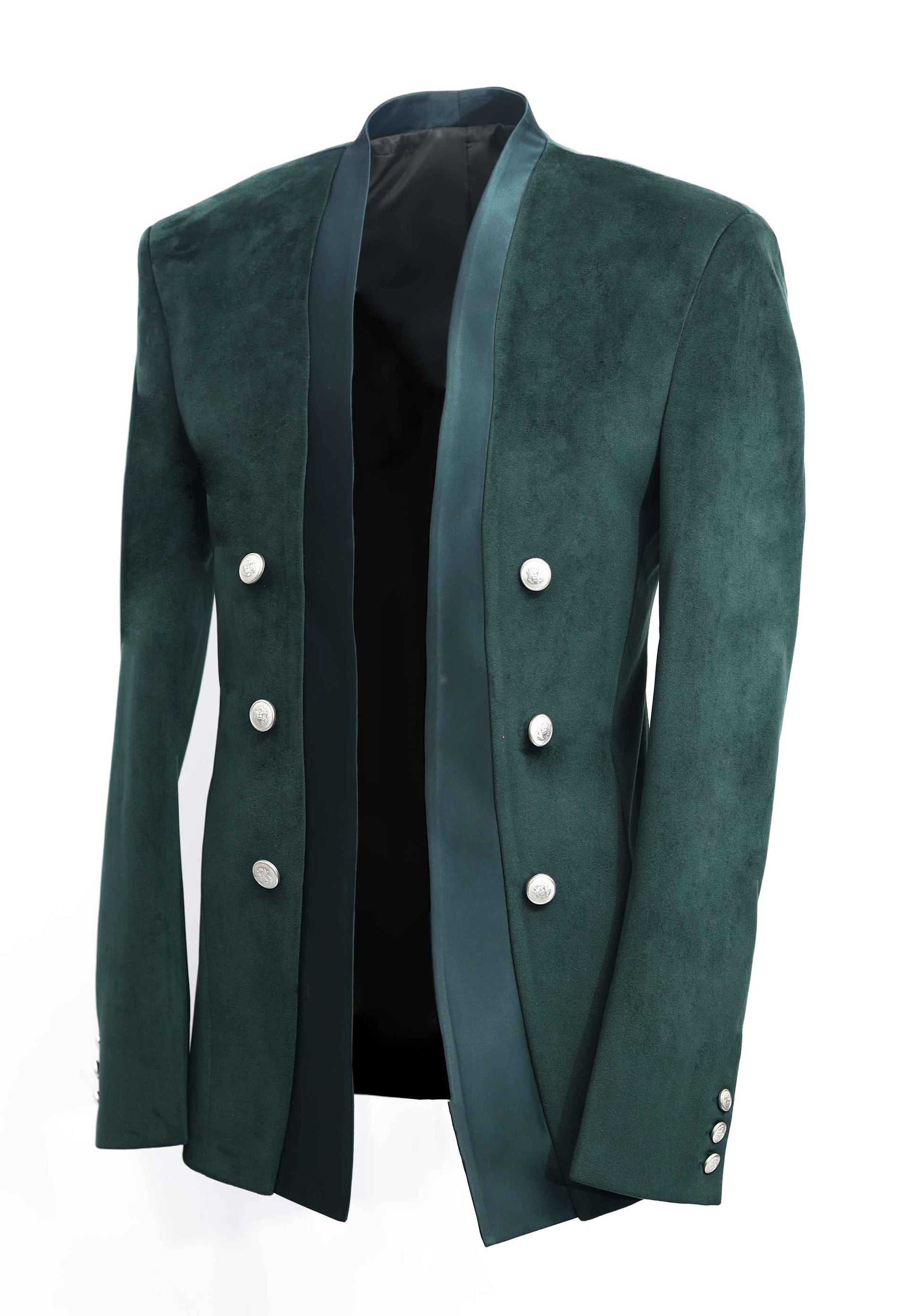 Velvet Green Double Breasted Unbuttoned Tuxedo Blazer