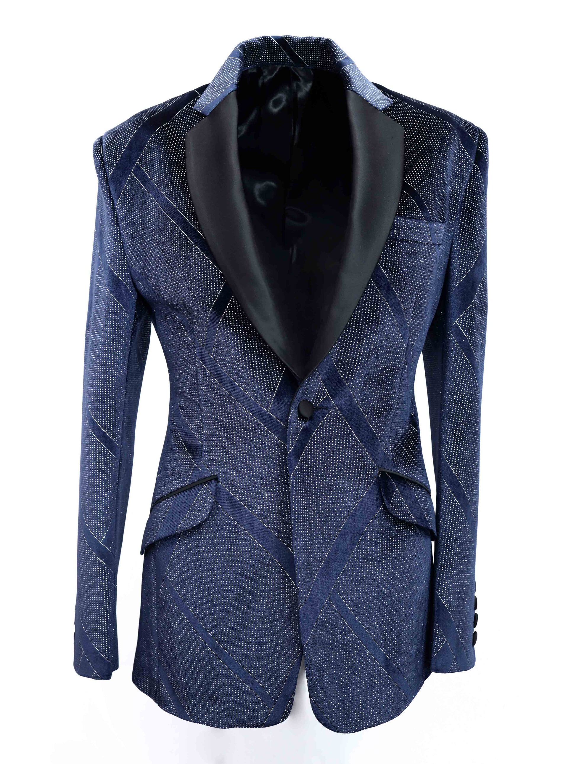 Limited Edition Party Wear Blue & Silver Velvet Tuxedo Blazer Tumuh
