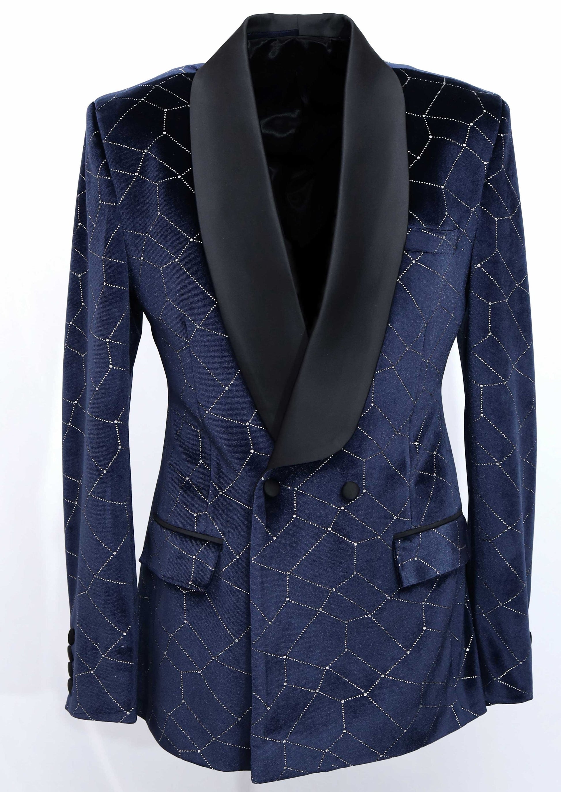 Limited Edition Blue & Silver Double Breasted Velvet Tuxedo Blazer Tumuh