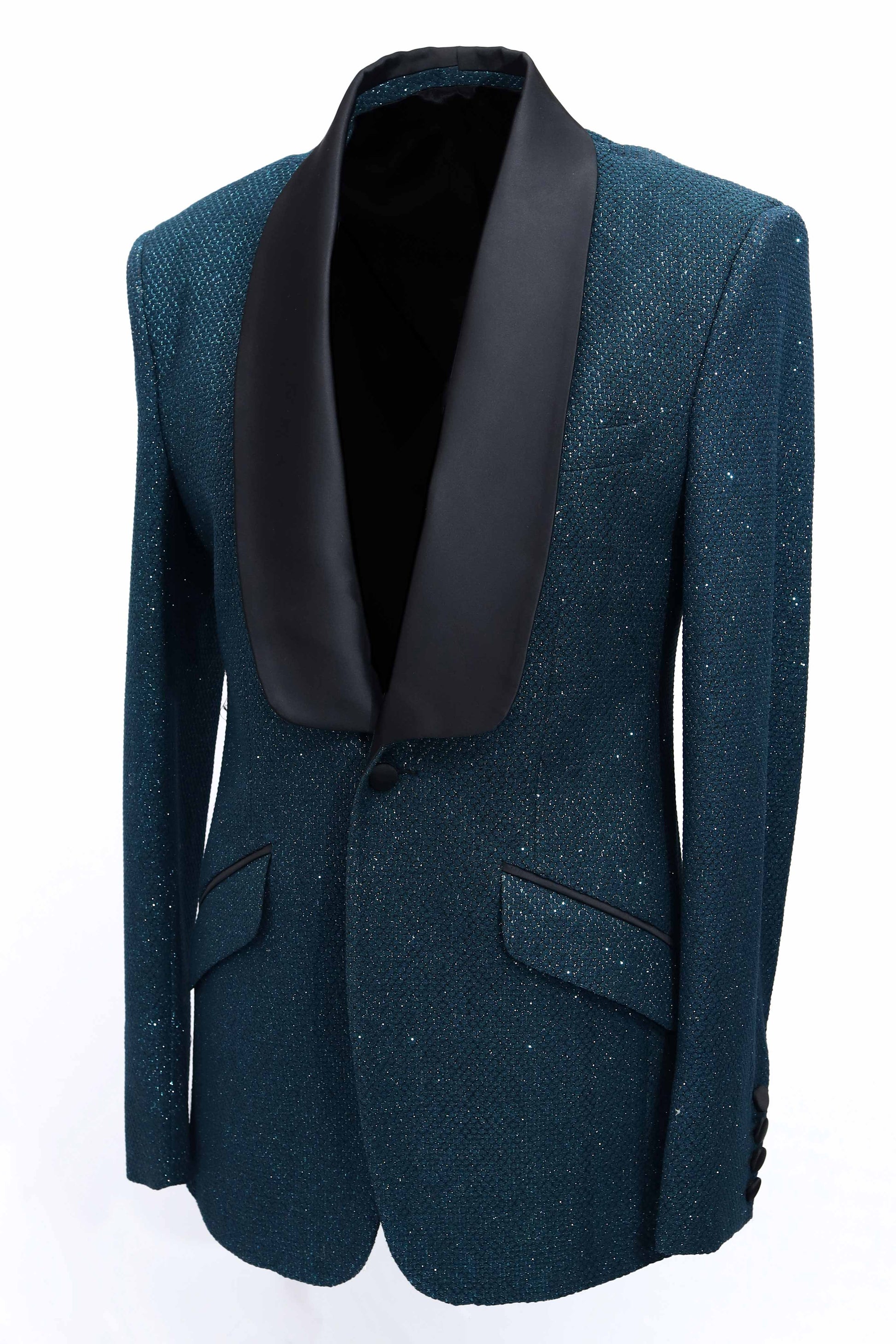 Teal Blue Slim Fit Party Wear Shawl Collar Tuxedo Blazer