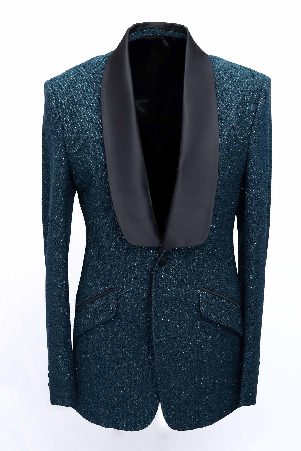 Teal Blue Slim Fit Party Wear Shawl Collar Tuxedo Blazer