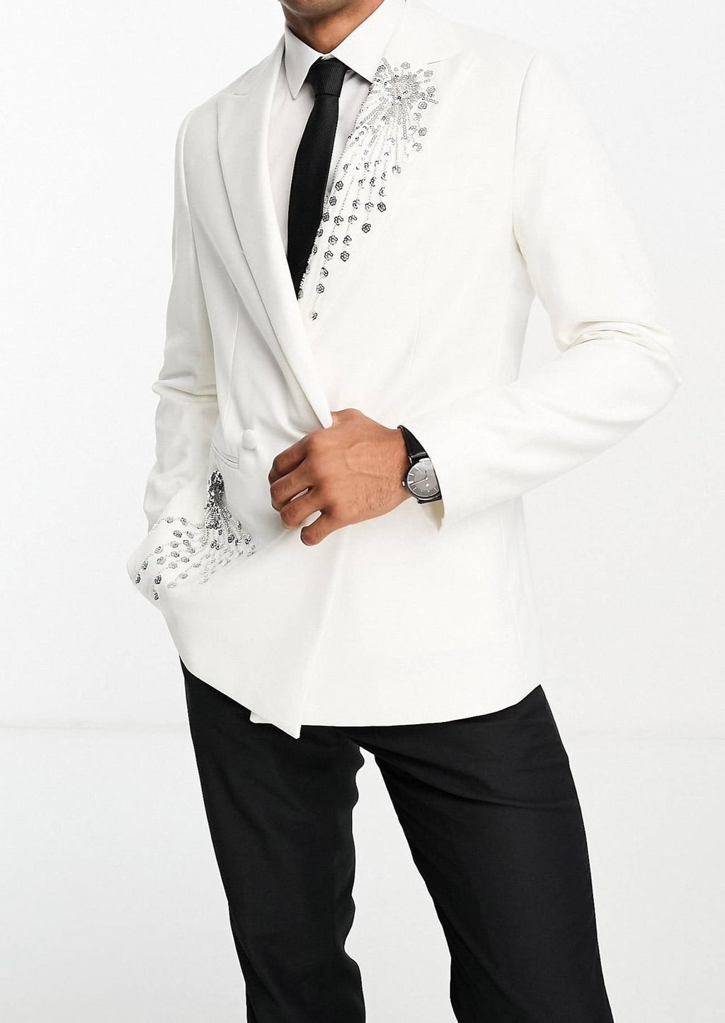 Slim Fit White Double Breasted Embroidered Blazer