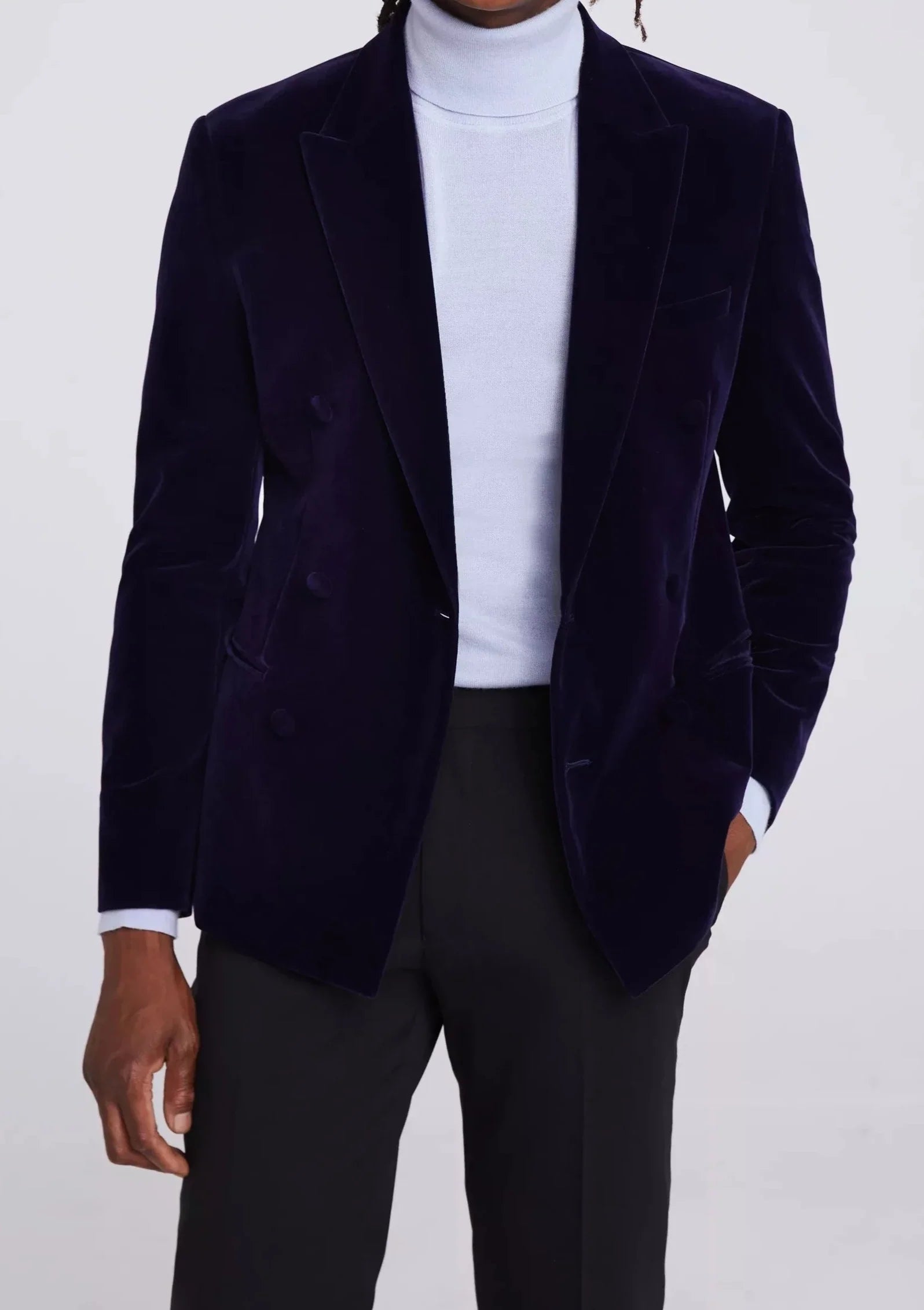 Slim Fit Ink Blue Double Breasted Velvet Jacket