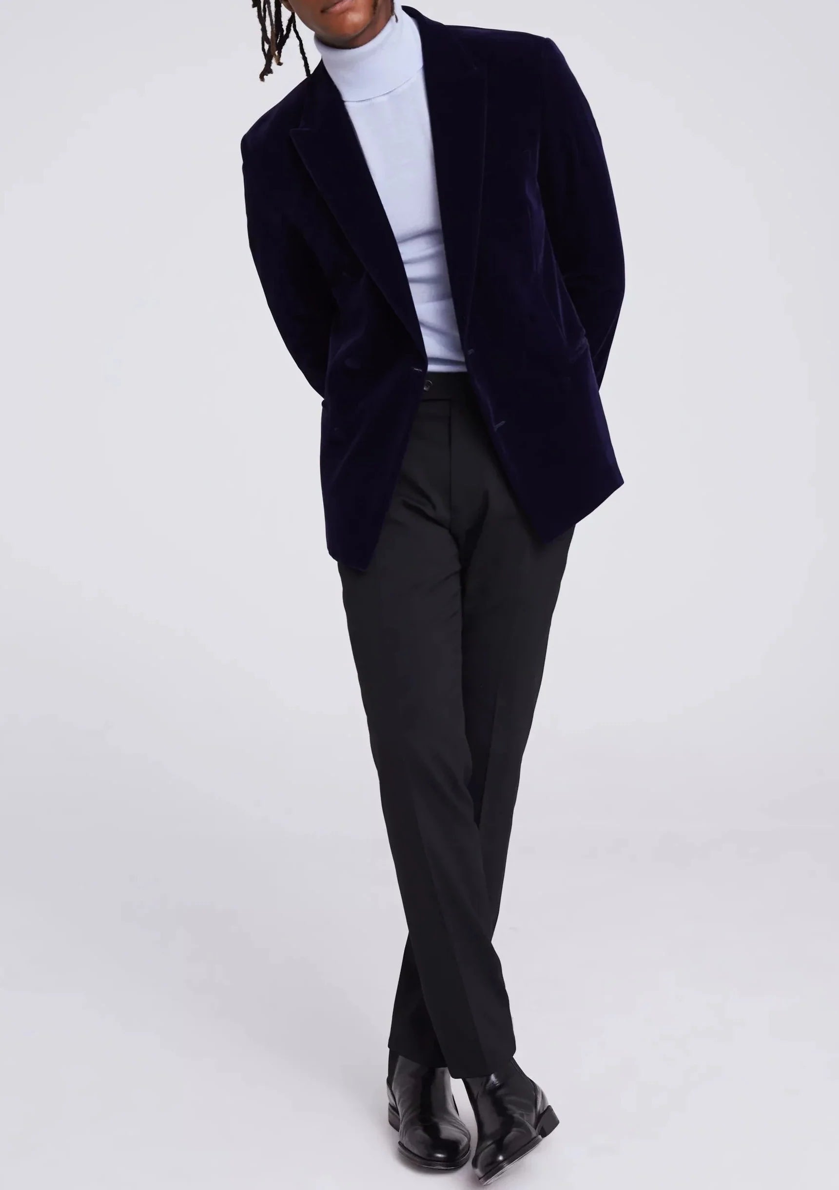 Slim Fit Ink Blue Double Breasted Velvet Jacket