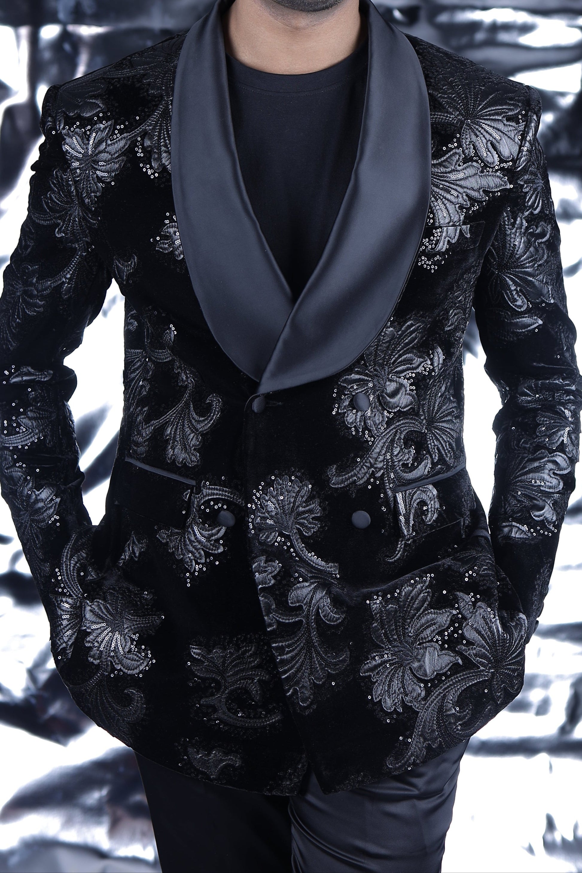 Black Floral Embroidered Double Breasted Tuxedo Blazer