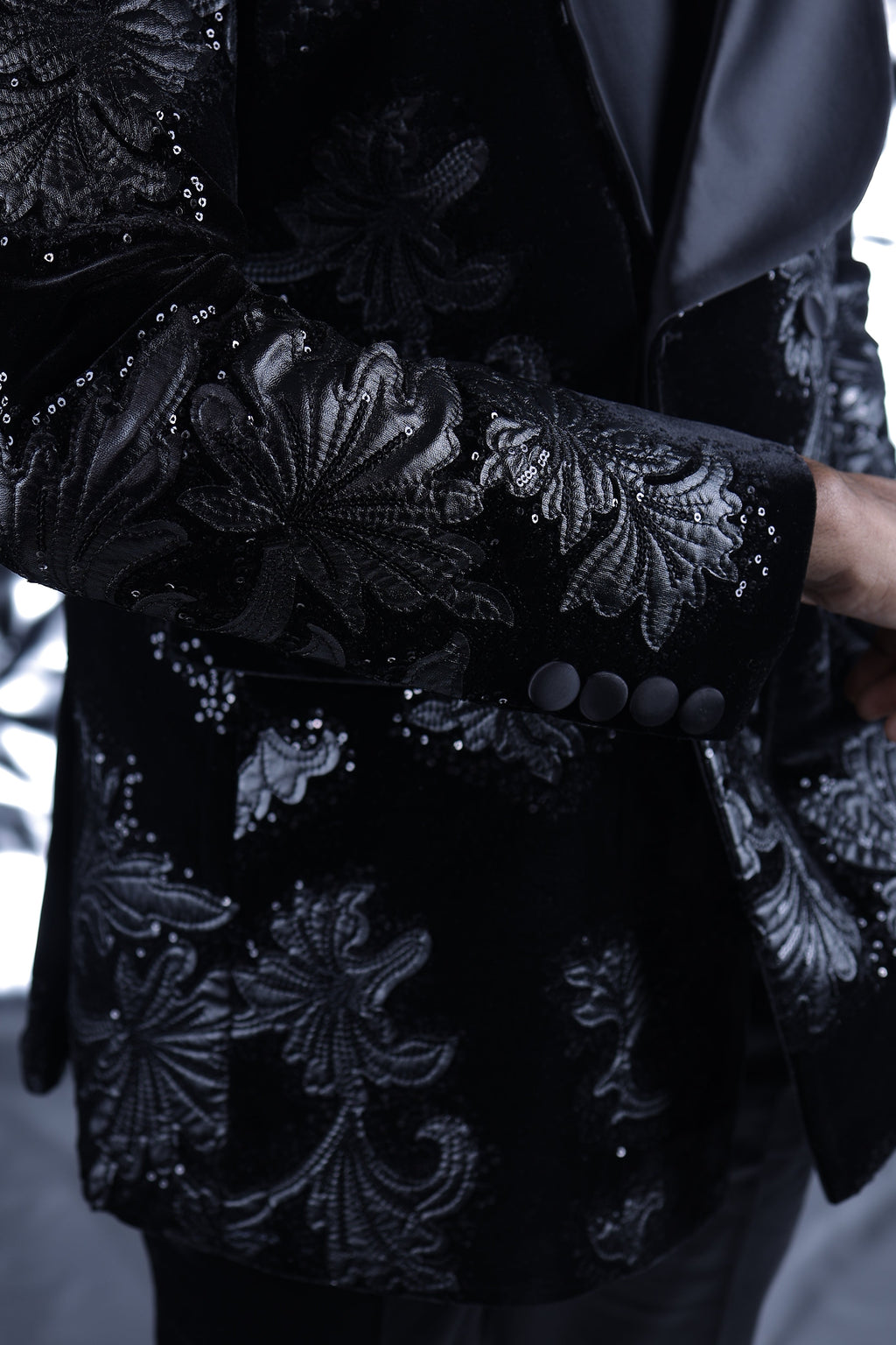 Black Floral Embroidered Double Breasted Tuxedo Blazer