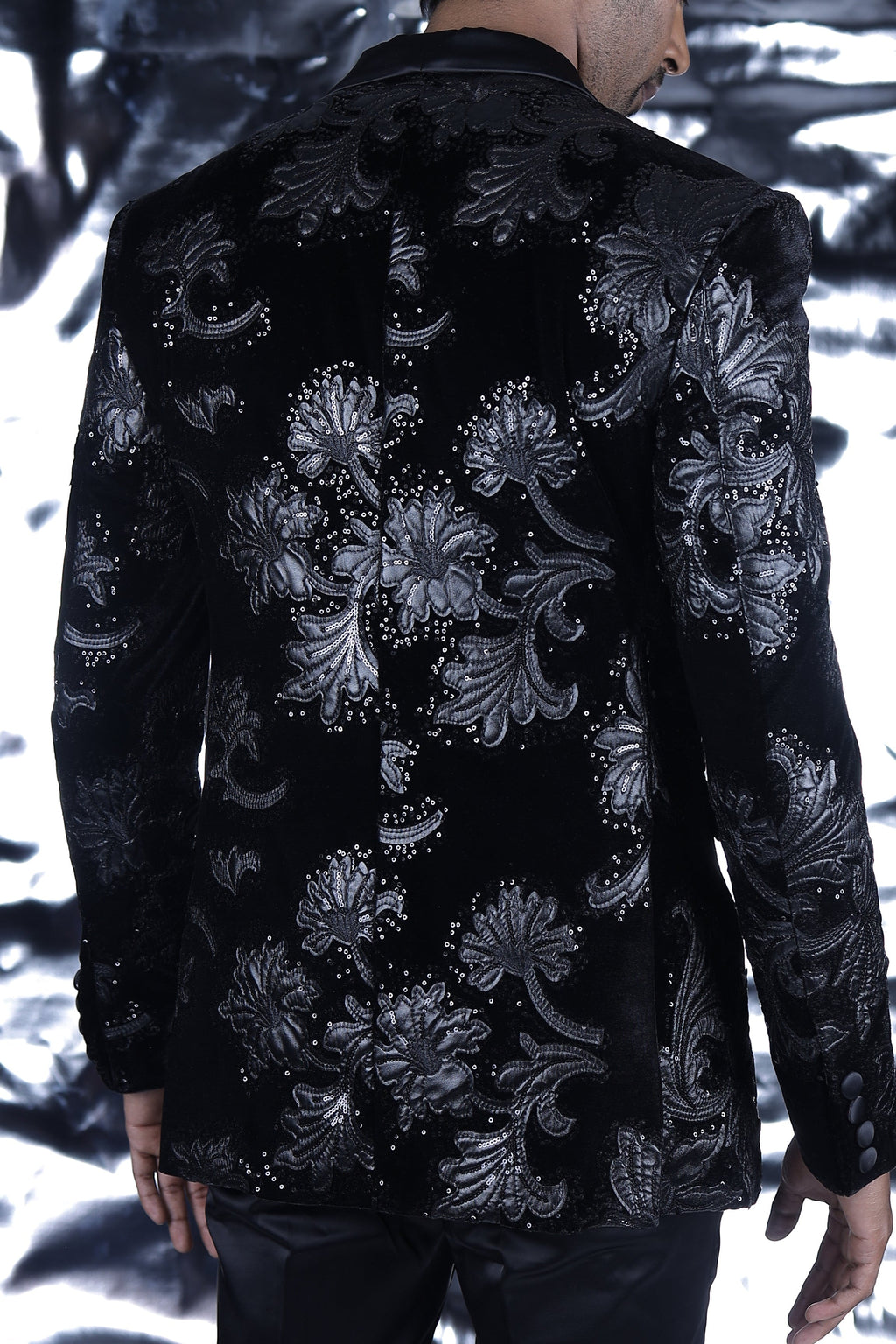 Black Floral Embroidered Double Breasted Tuxedo Blazer