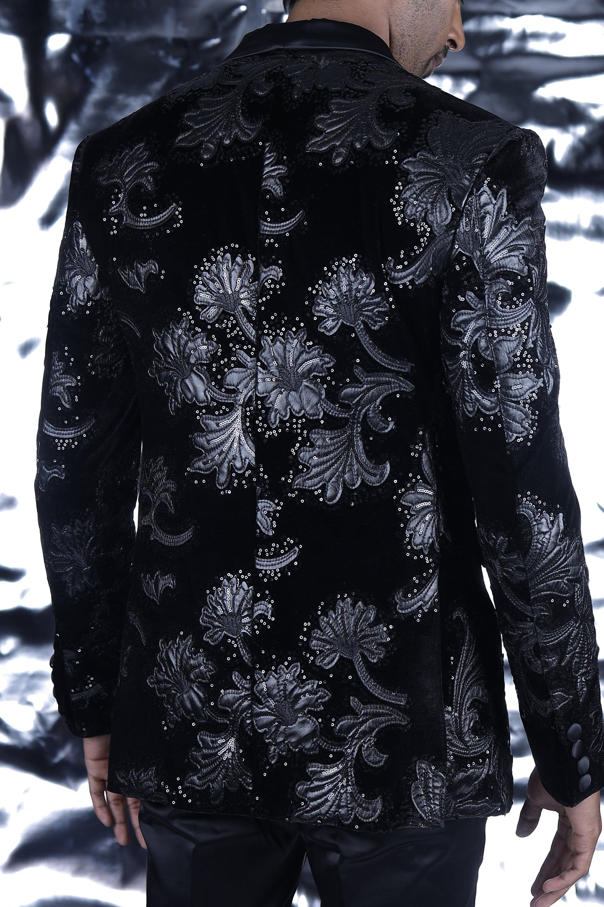 Black Floral Embroidered Double Breasted Tuxedo Blazer