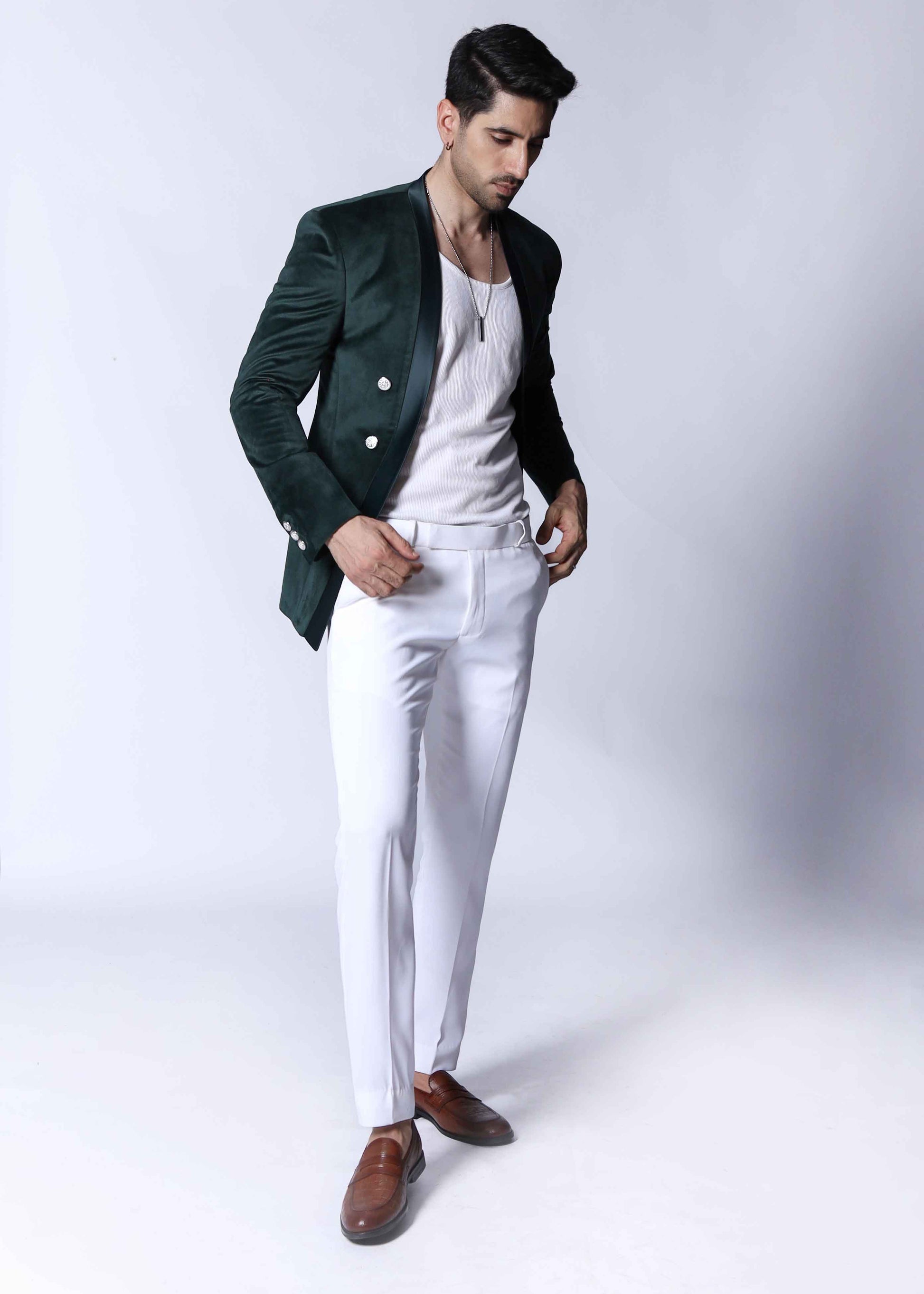 Velvet Green Double Breasted Unbuttoned Tuxedo Blazer