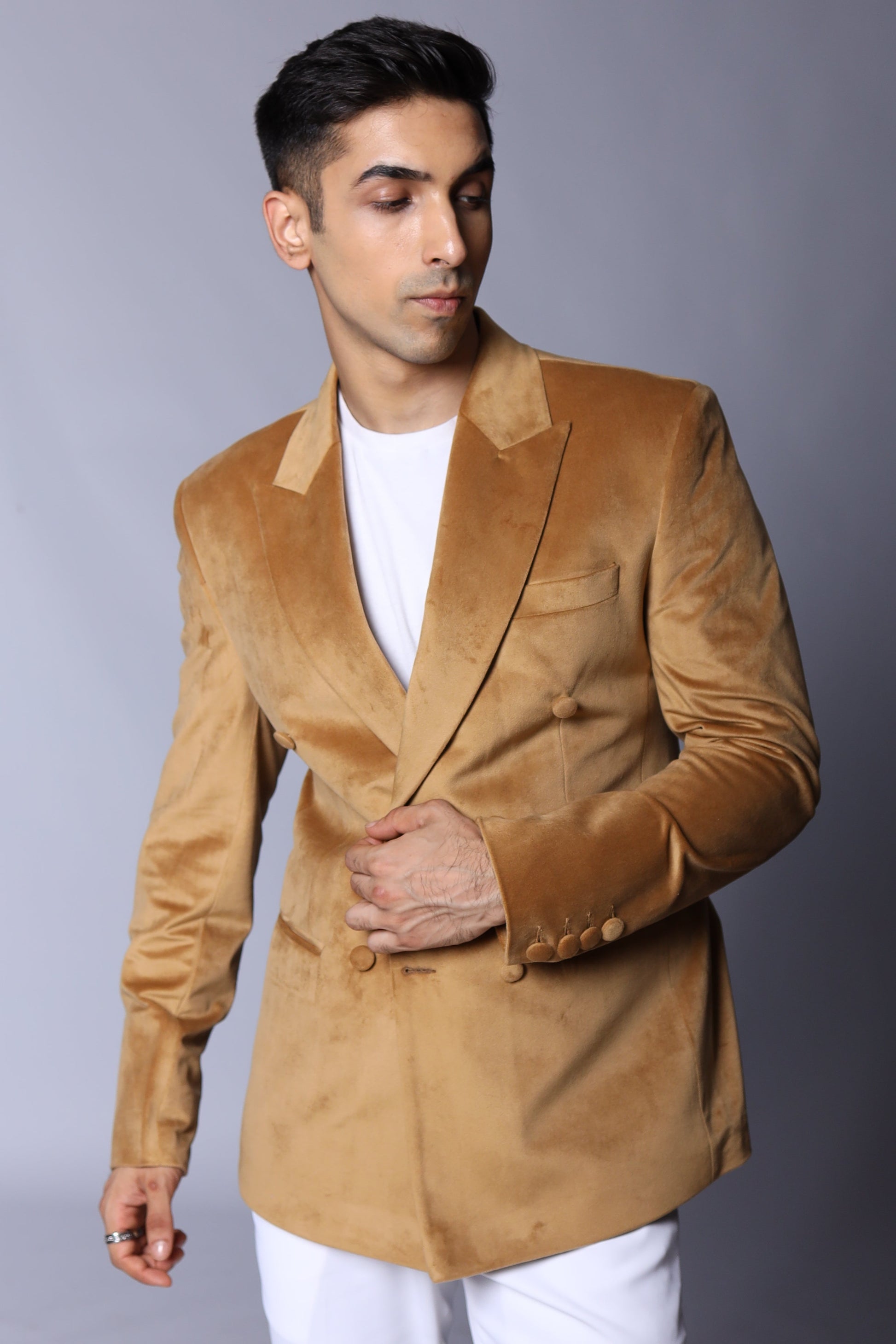Slim Beige Velvet Double Breasted Blazer