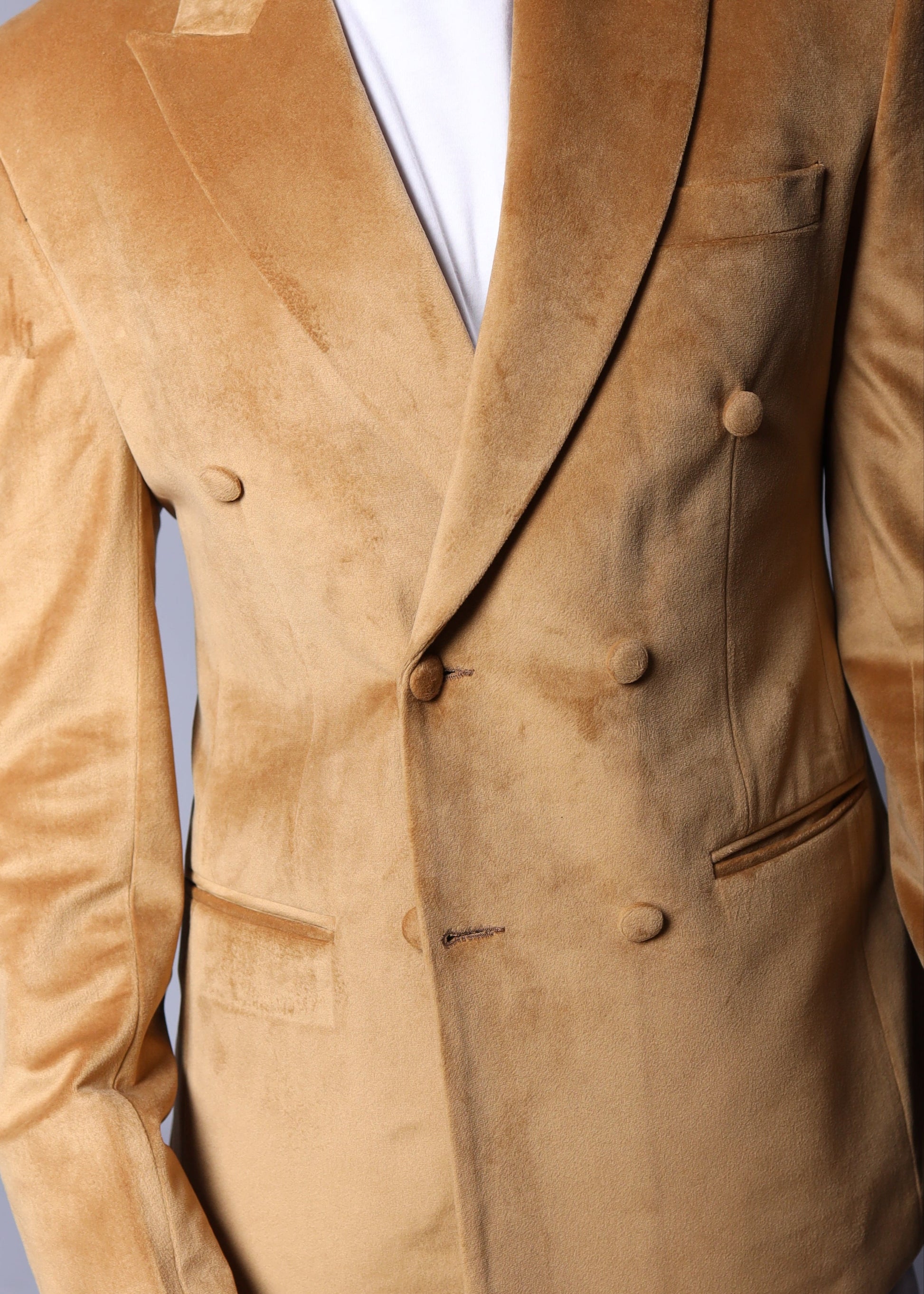 Slim Beige Velvet Double Breasted Blazer
