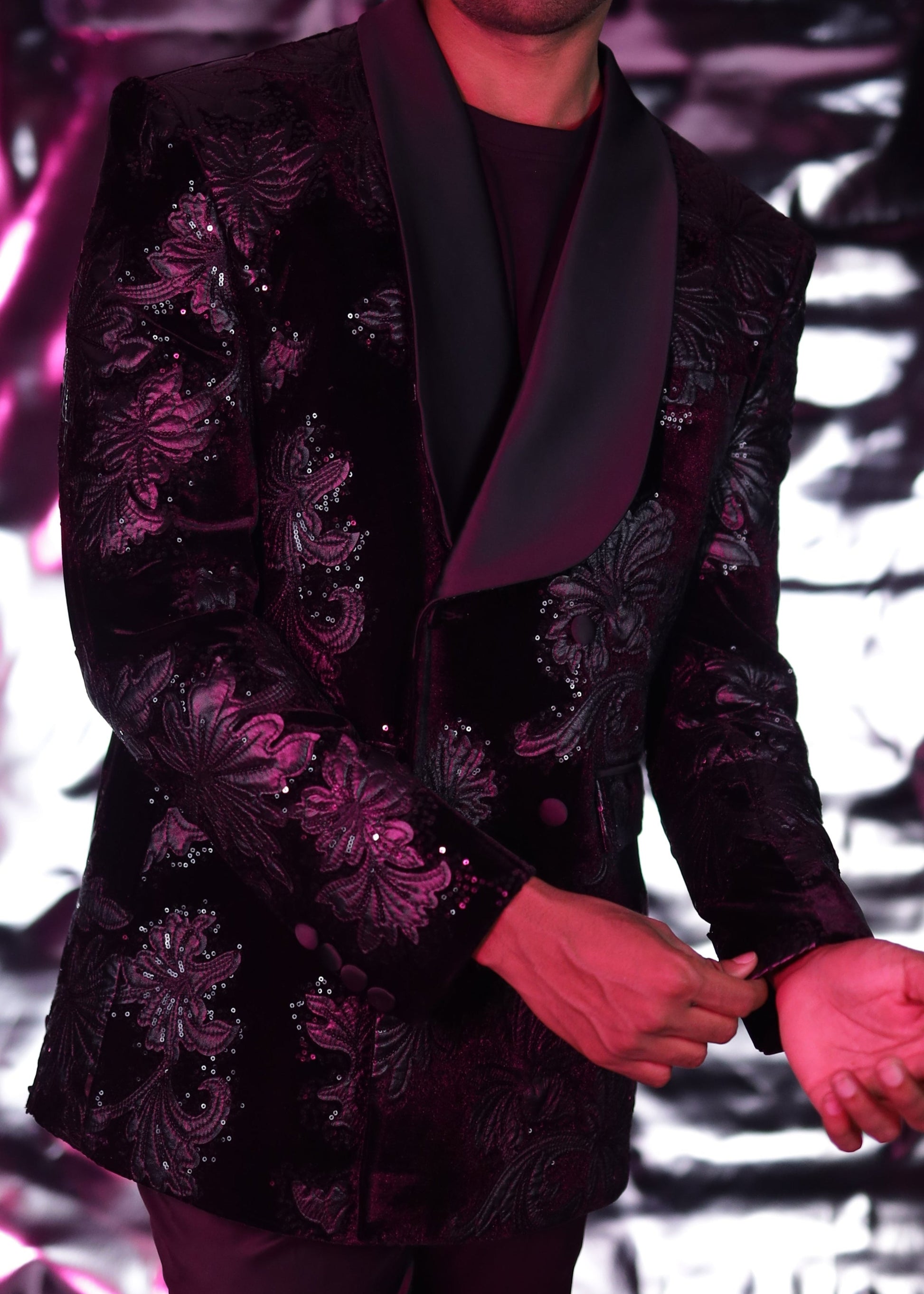 Black Floral Embroidered Double Breasted Tuxedo Blazer