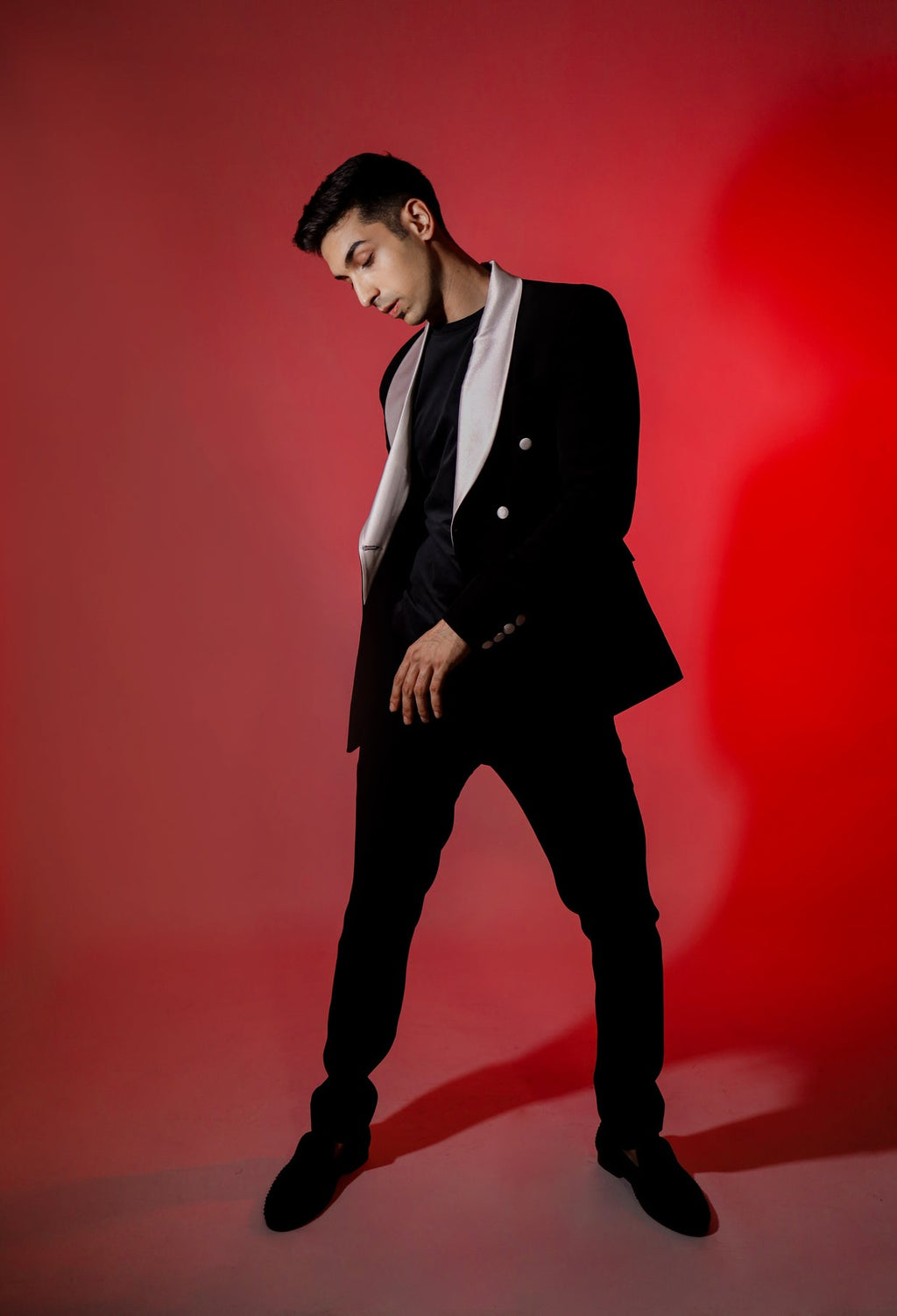 Black Double Breasted Blazer With White Shawl Lapel