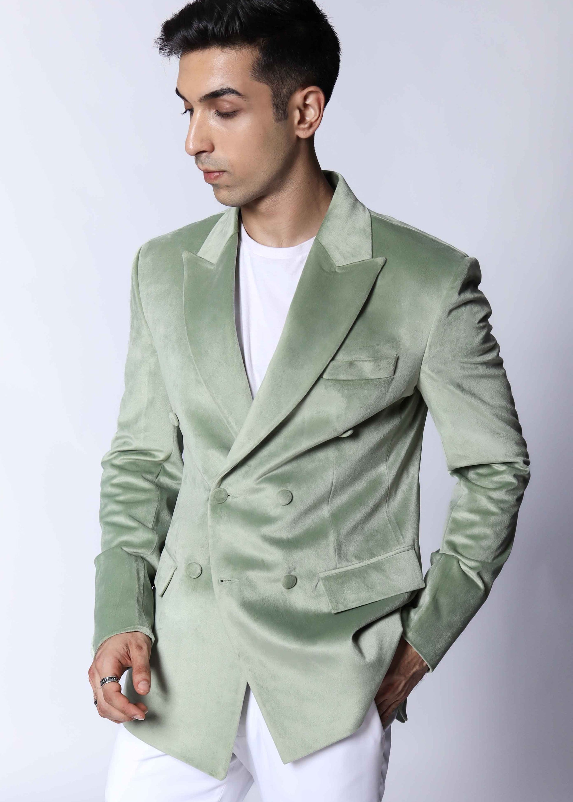 Pastel Green Double Breasted Velvet Blazer