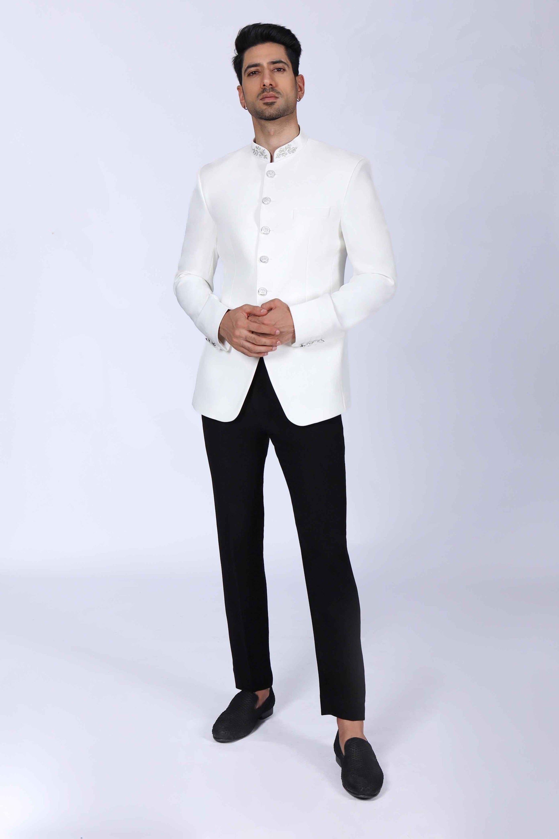 Off White Bandhgala Suit with Embroidery
