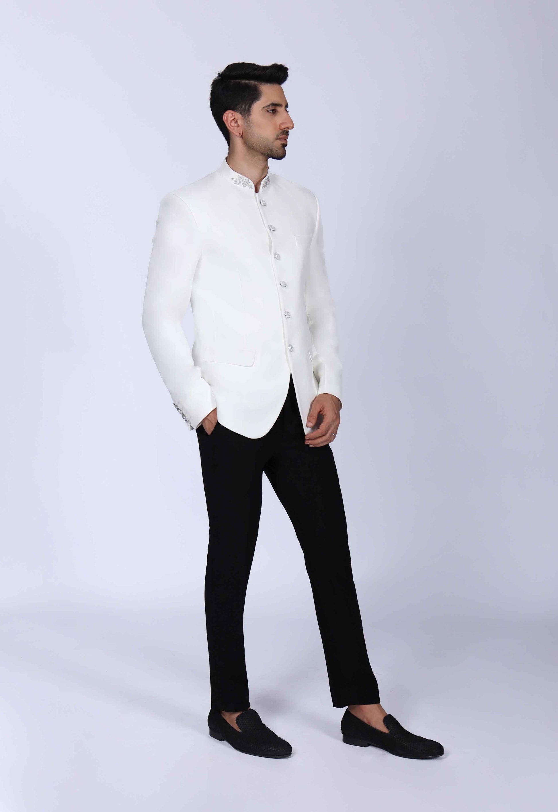 Off White Bandhgala Suit with Embroidery