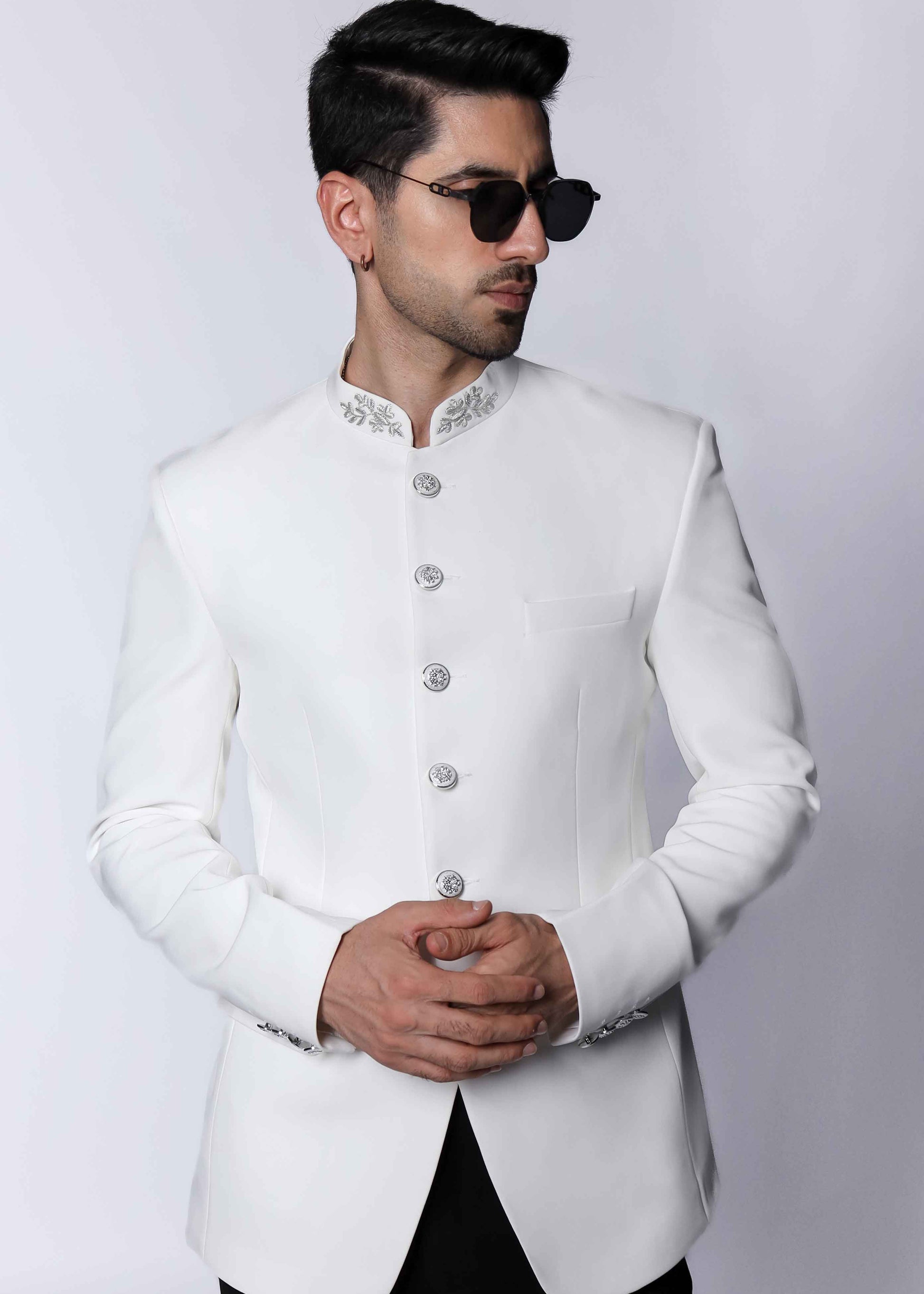 Off White Bandhgala Suit with Embroidery