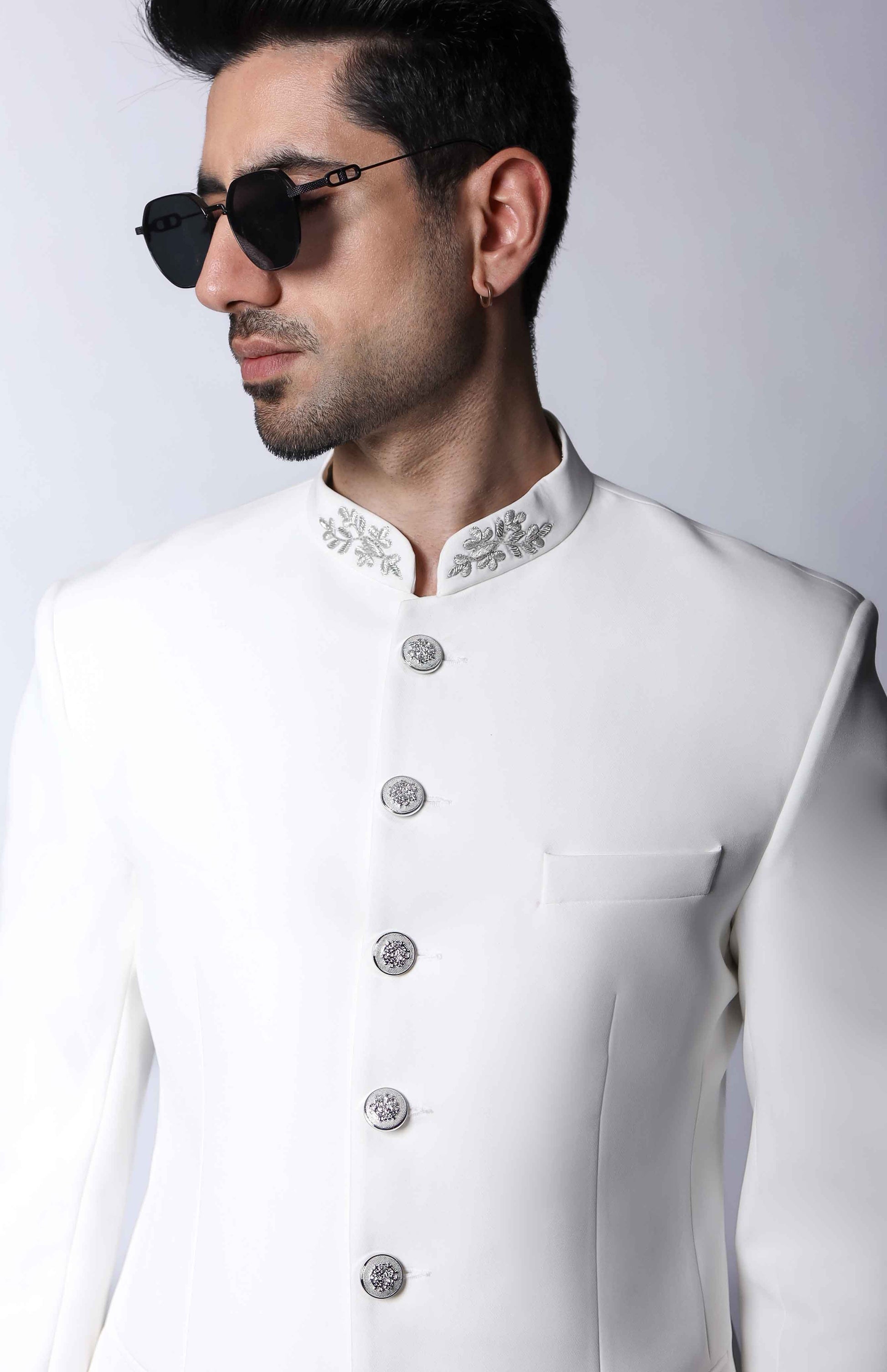 Off White Bandhgala Suit with Embroidery