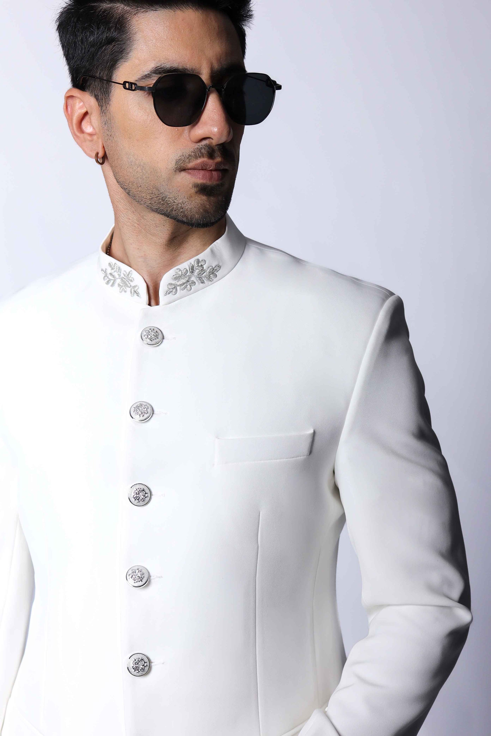 Off White Bandhgala Suit with Embroidery
