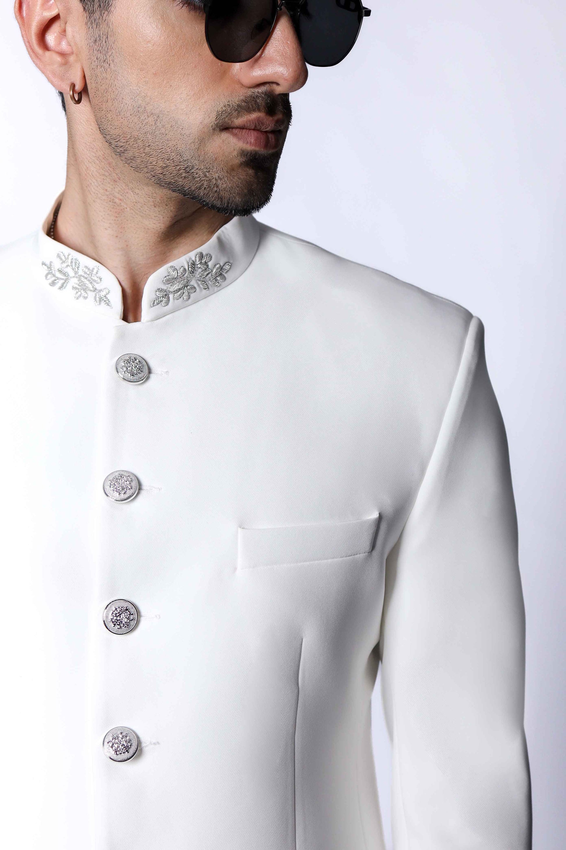 Off White Bandhgala Suit with Embroidery
