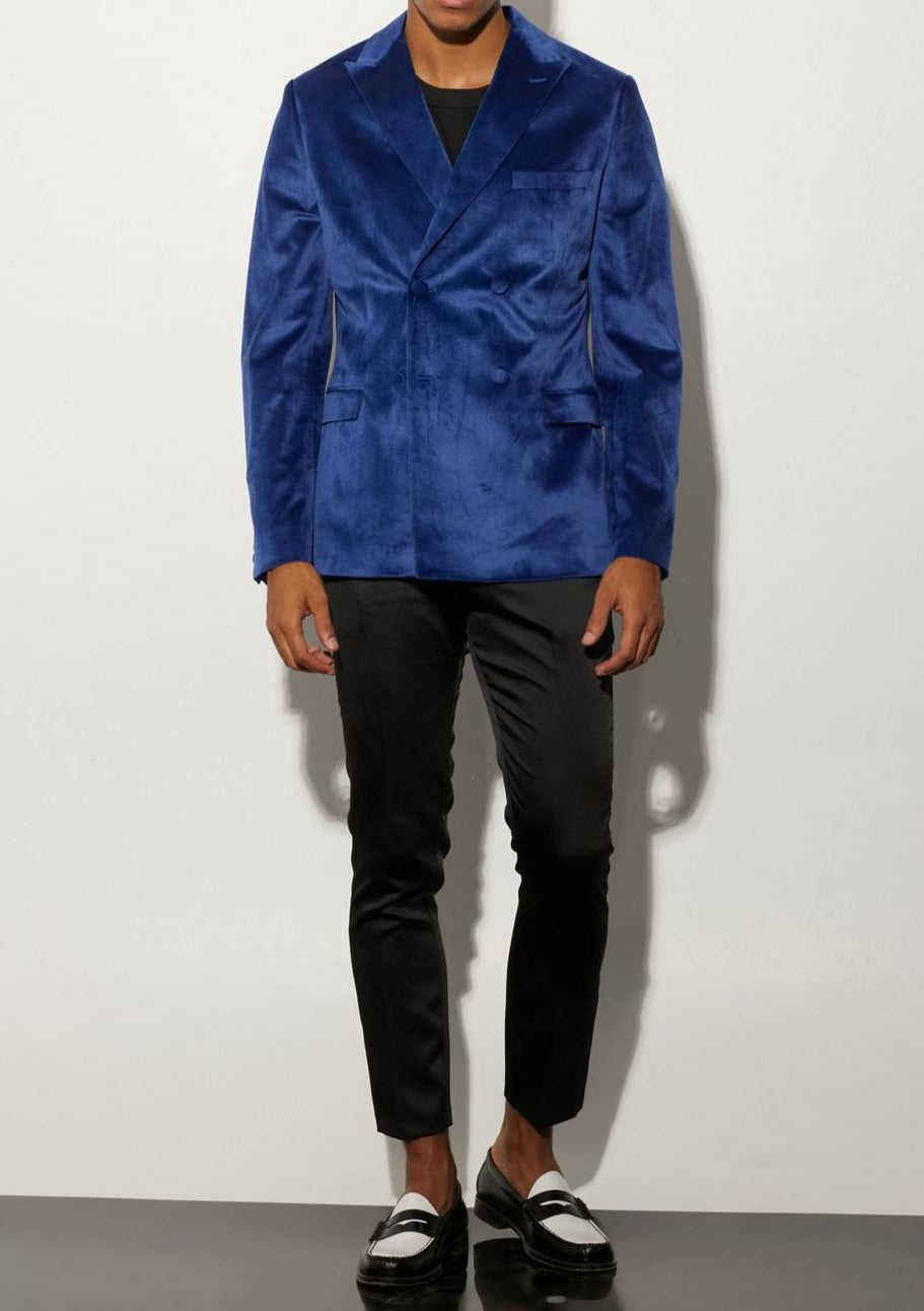 Blue Double Breasted Velour Blazer