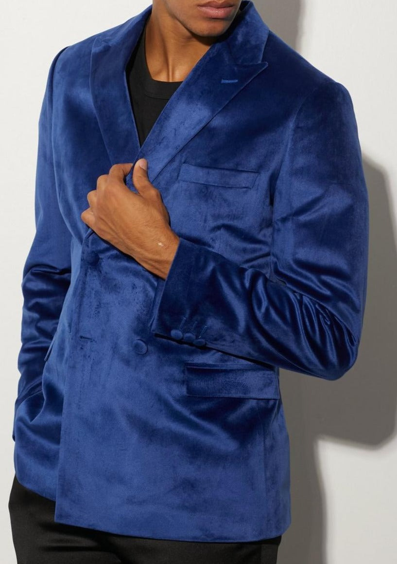Blue Double Breasted Velour Blazer