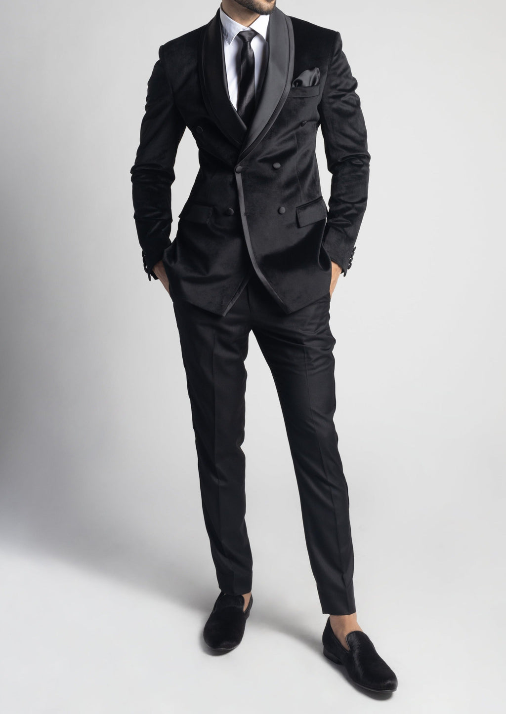 Wedding Black Velvet Shawl Collar Double Breasted Tuxedo Blazer Suit