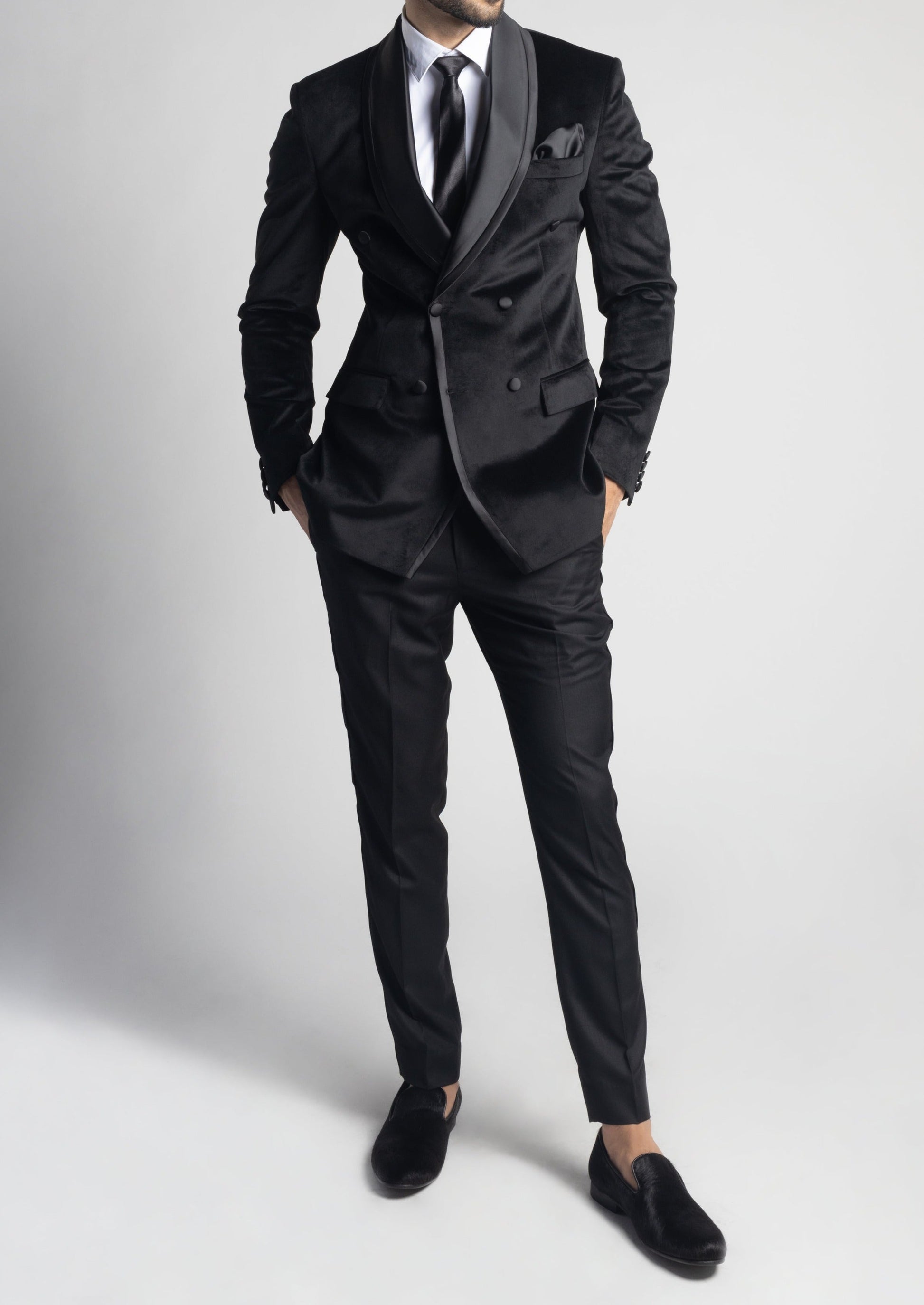 Wedding Black Velvet Shawl Collar Double Breasted Tuxedo Blazer Suit
