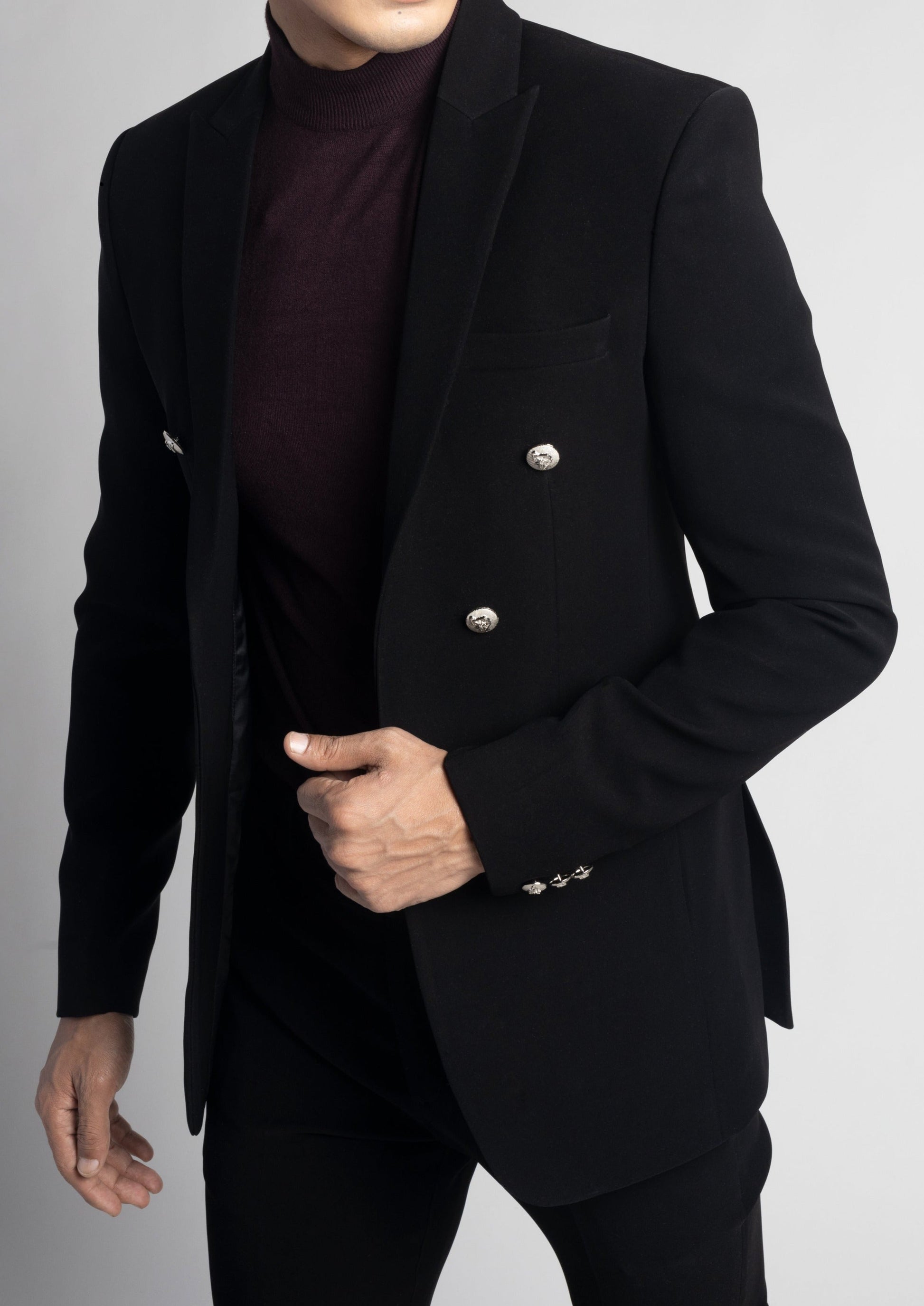Peak Lapel Black Double Breasted Slim Fit Suit