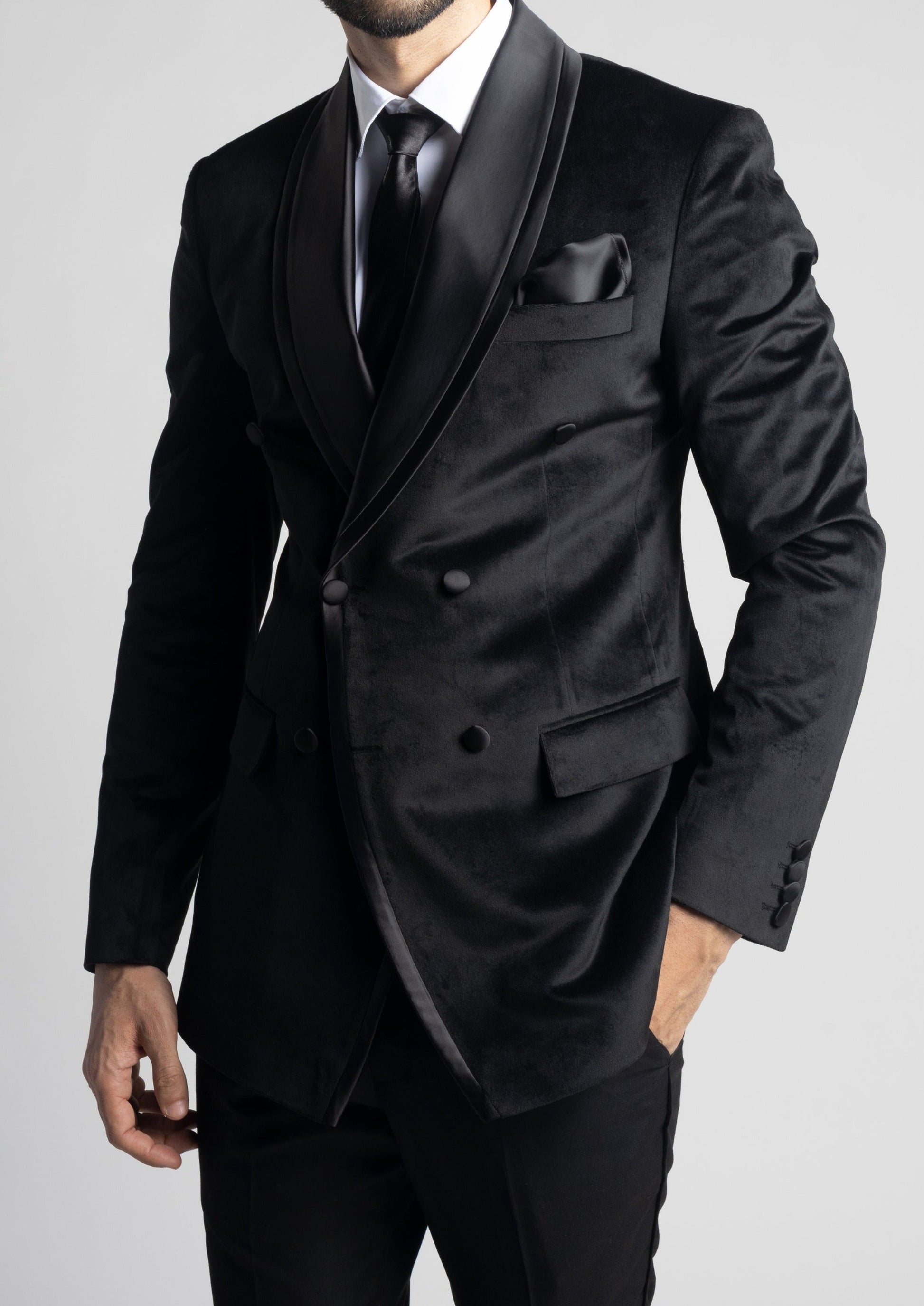 Wedding Black Velvet Shawl Collar Double Breasted Tuxedo Blazer Suit