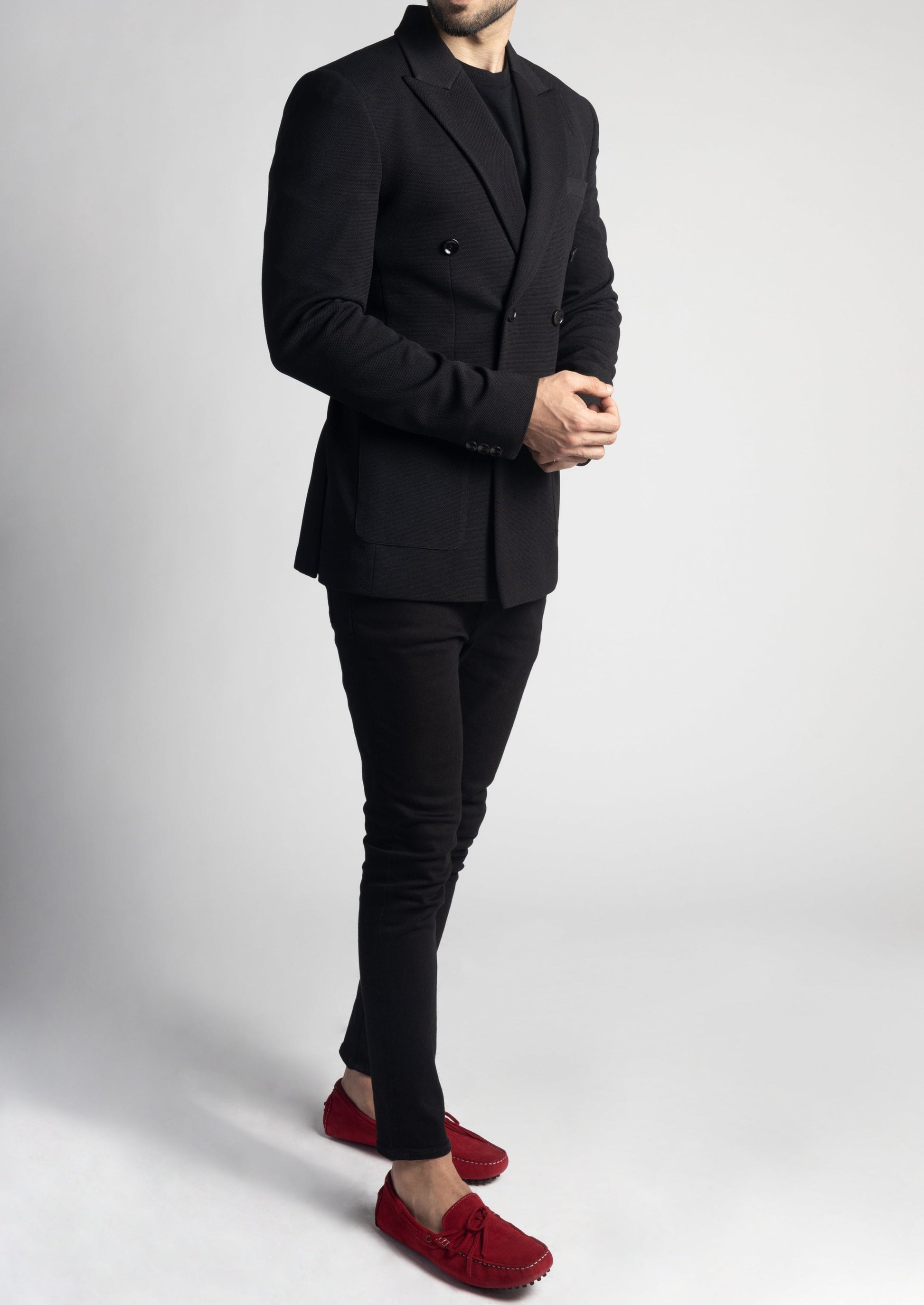 Black Pique Slim Fit Double Breasted Blazer