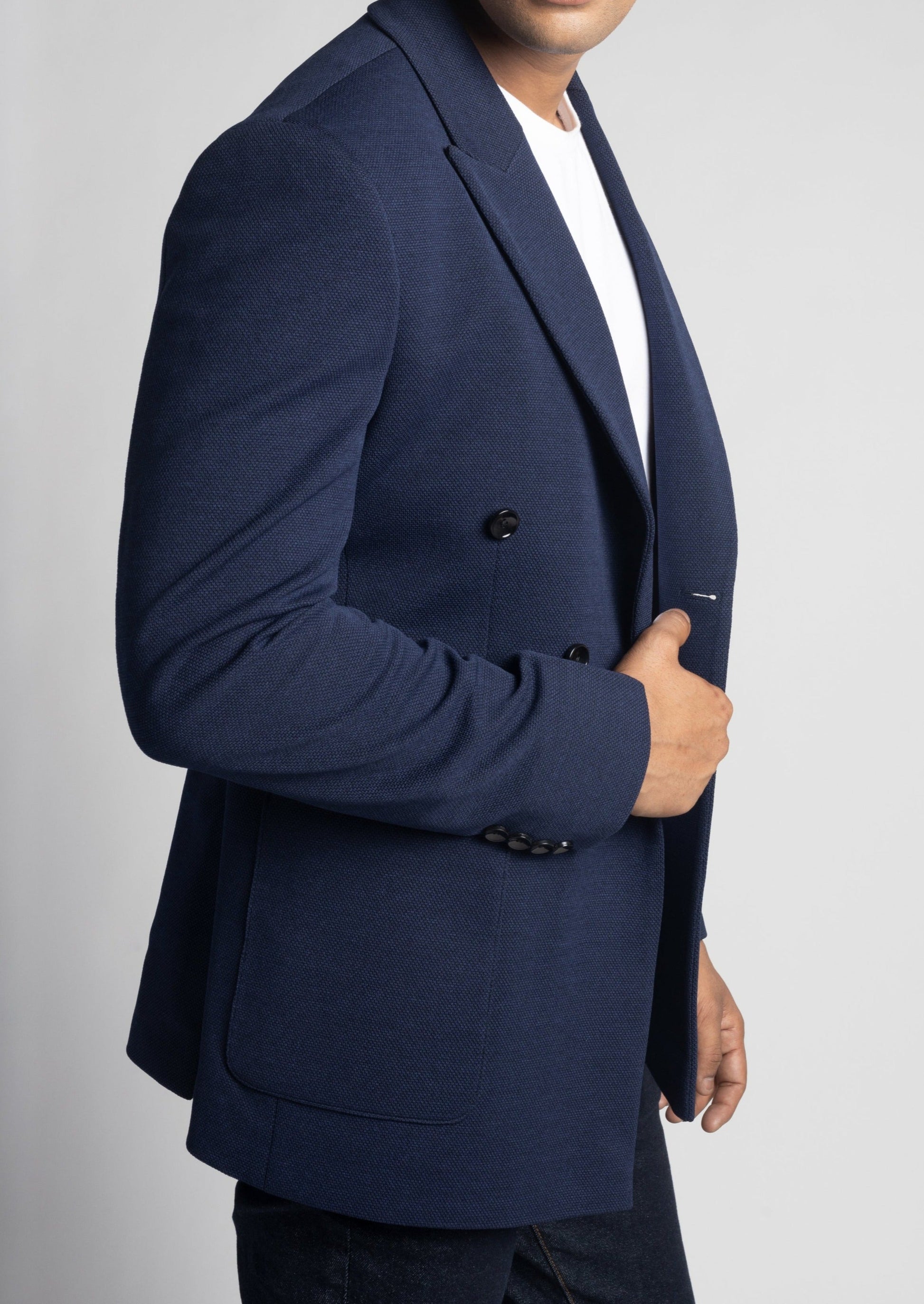 Navy Pique Slim Fit Double Breasted Blazer
