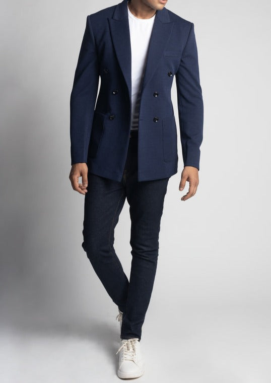 Navy Pique Slim Fit Double Breasted Blazer