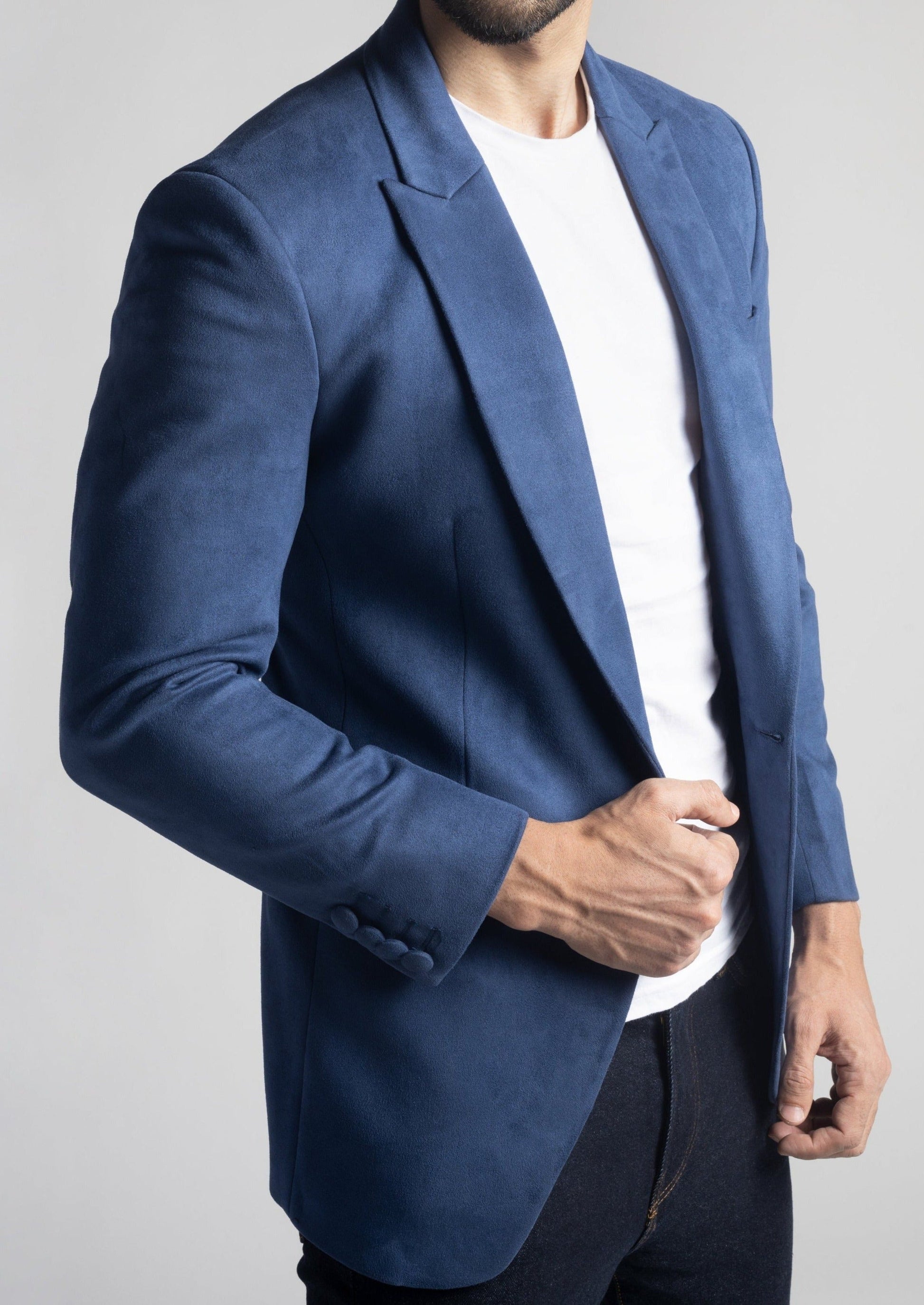 Slim Fit Blue Suede Velvet Blazer