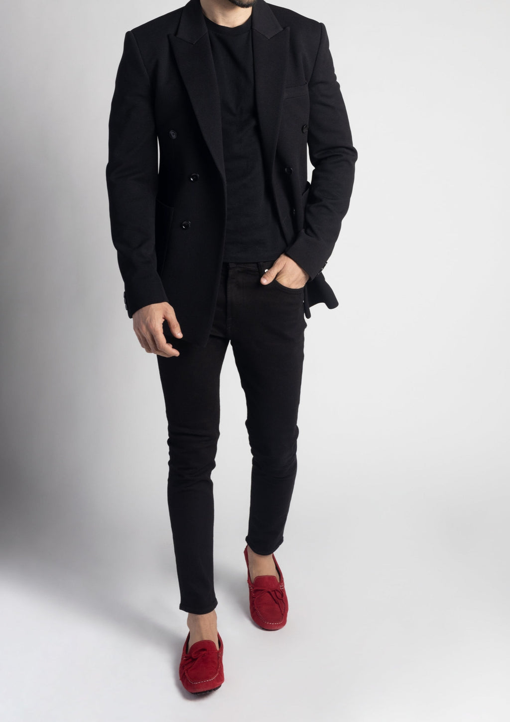 Black Pique Slim Fit Double Breasted Blazer