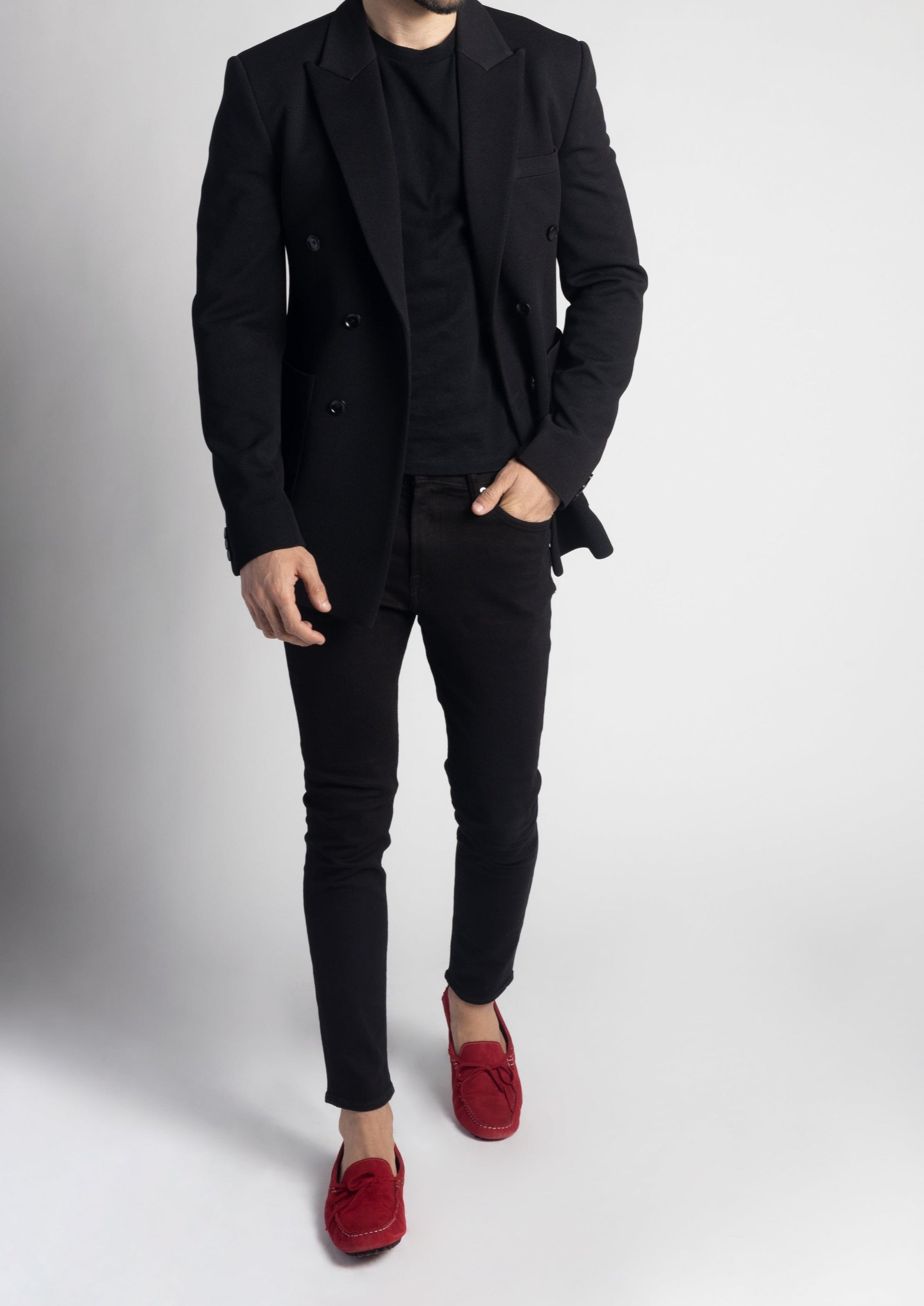 Black Pique Slim Fit Double Breasted Blazer
