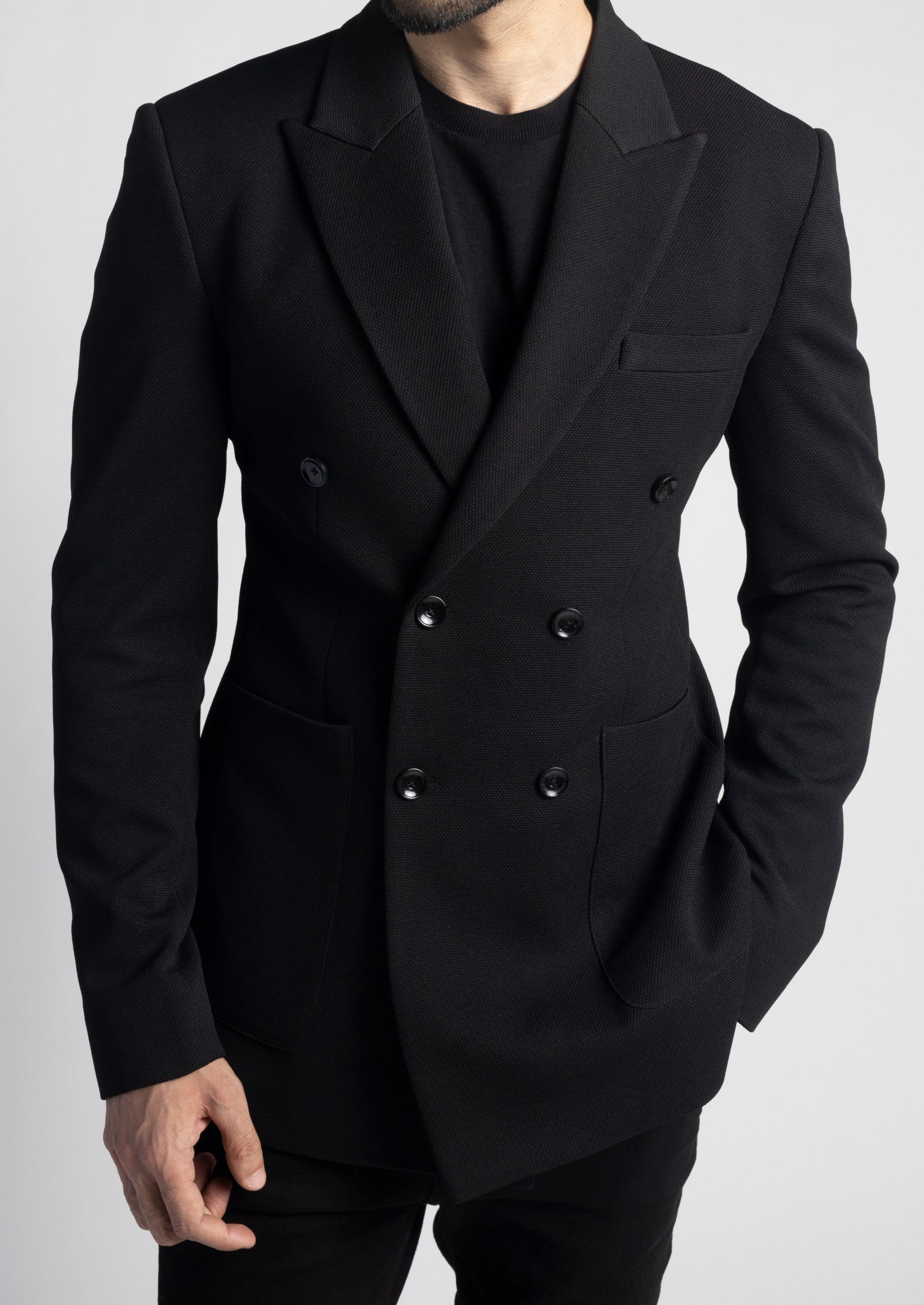 Black Pique Slim Fit Double Breasted Blazer