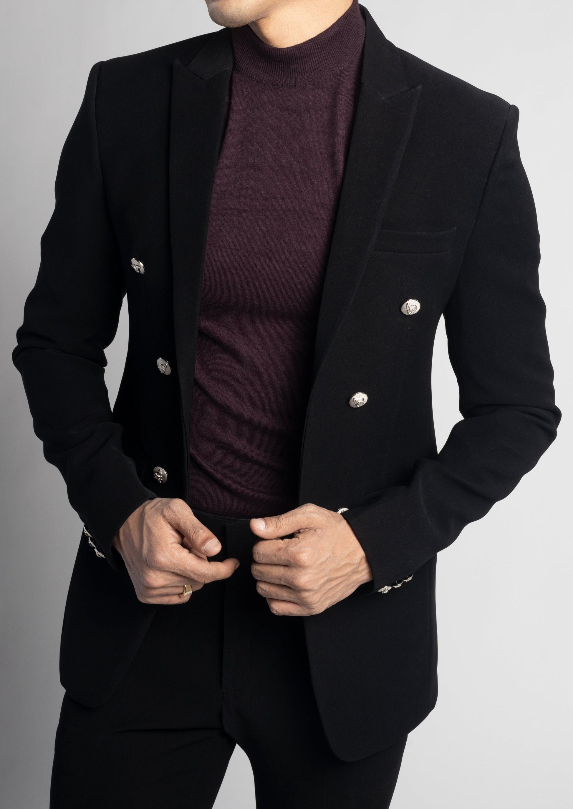 Peak Lapel Black Double Breasted Slim Fit Suit
