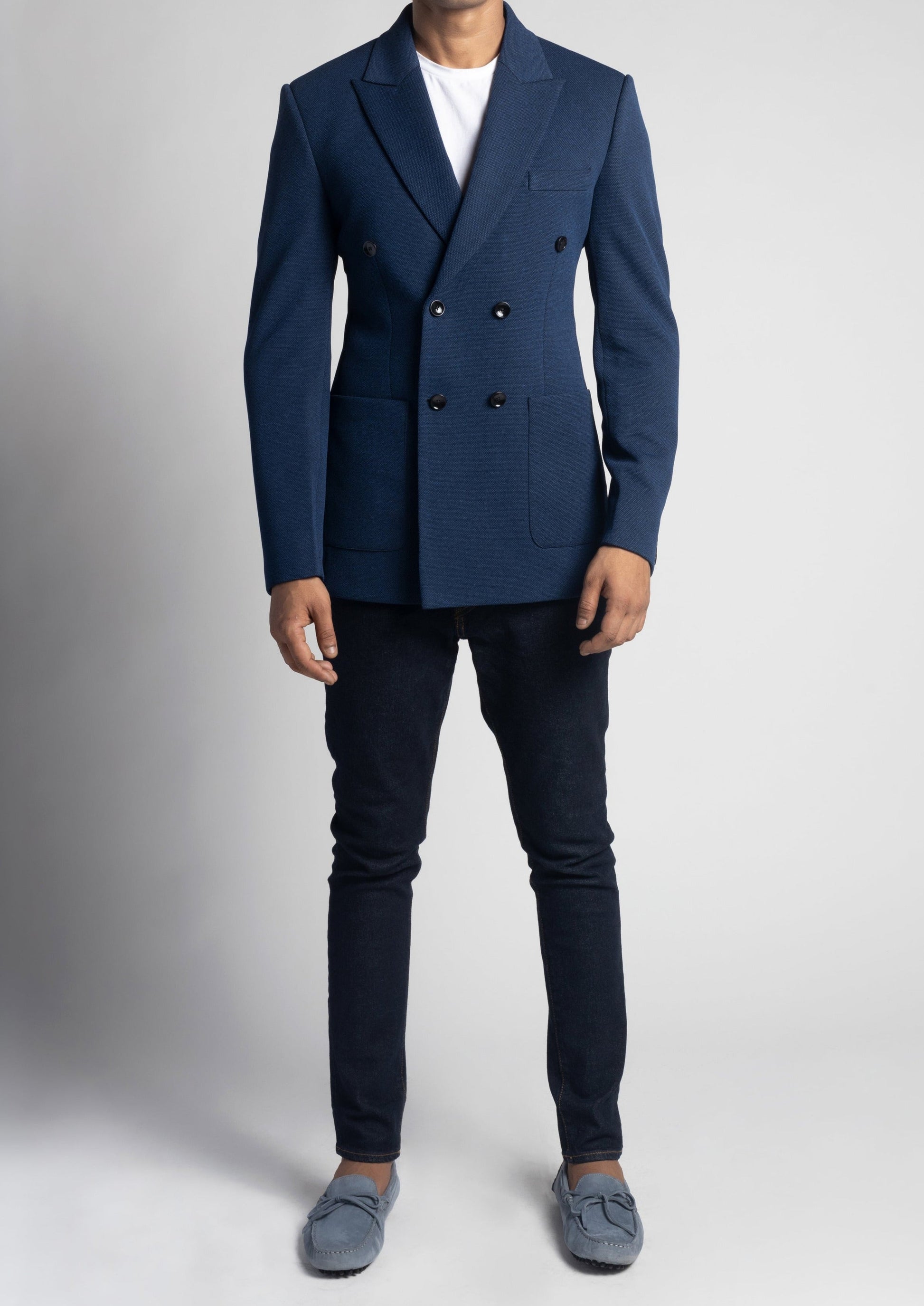 Royal Blue Pique Slim Fit Double Breasted Blazer